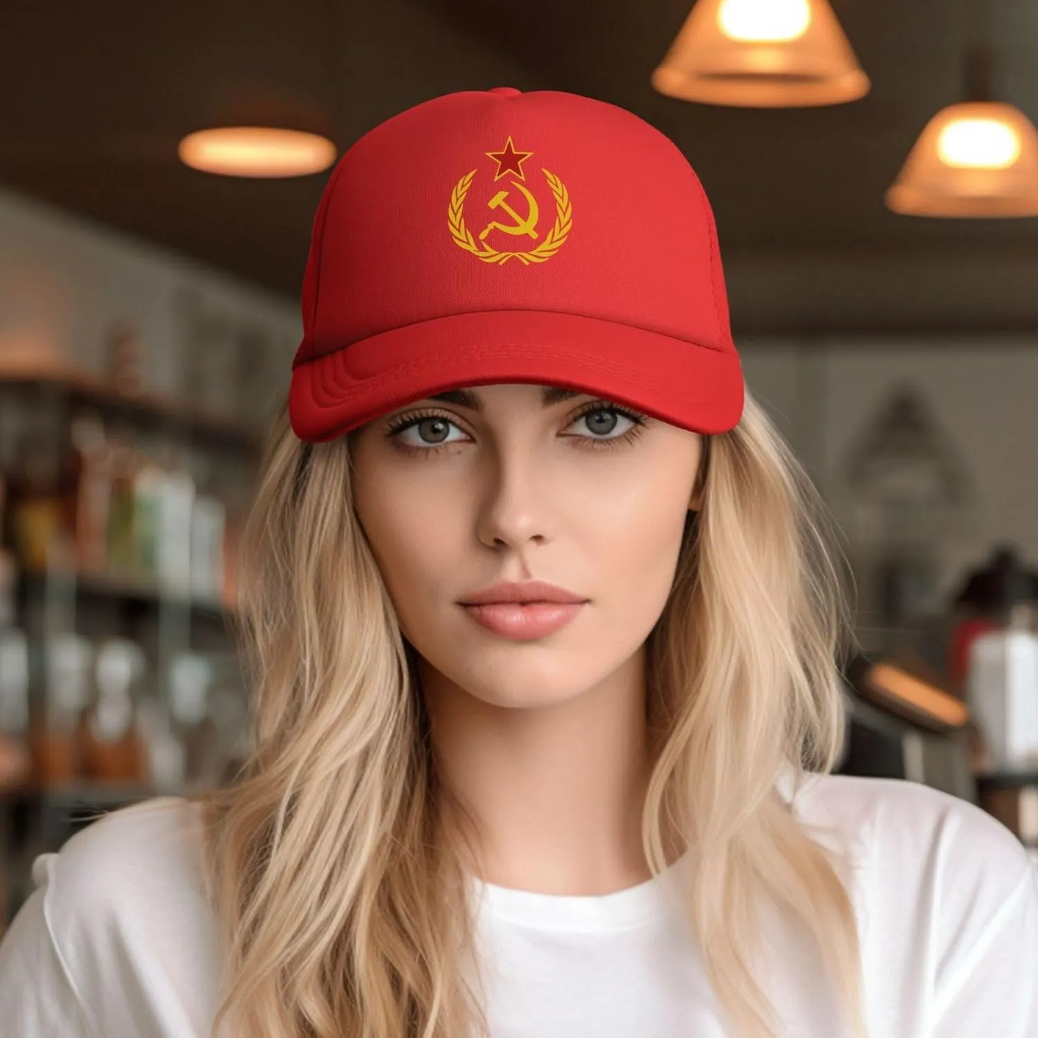 USSR Hammer & Sickle Trucker Cap Adjustable Solid Color Mesh Baseball Cap for Men Women Black