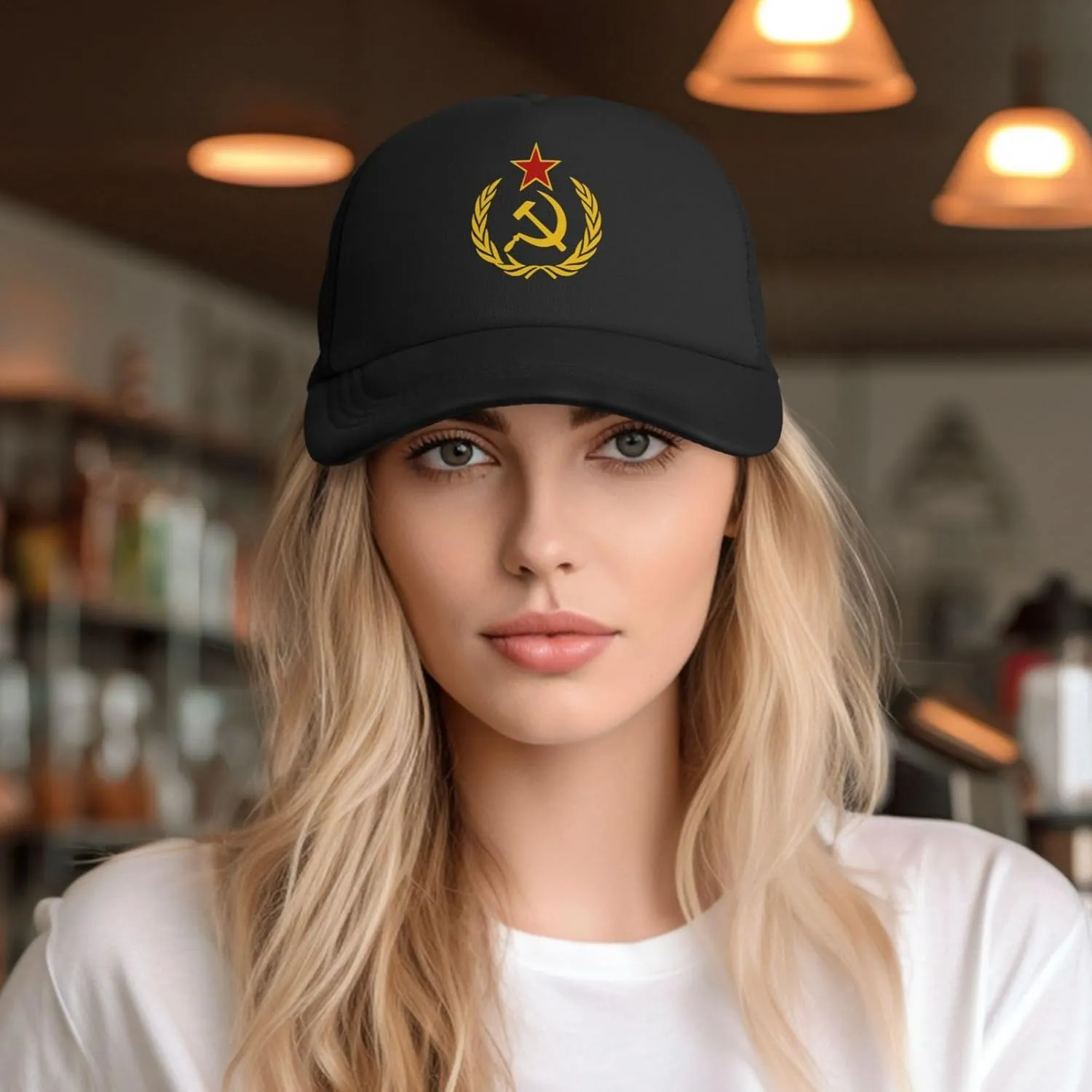 USSR Hammer & Sickle Trucker Cap Adjustable Solid Color Mesh Baseball Cap for Men Women Black