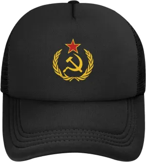 USSR Hammer & Sickle Trucker Cap Adjustable Solid Color Mesh Baseball Cap for Men Women Black