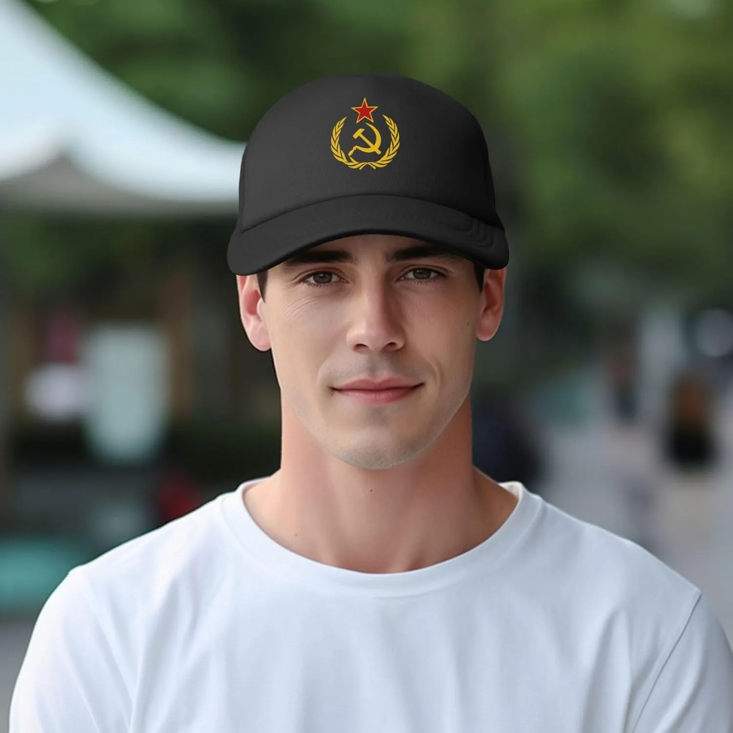 USSR Hammer & Sickle Trucker Cap Adjustable Solid Color Mesh Baseball Cap for Men Women Black