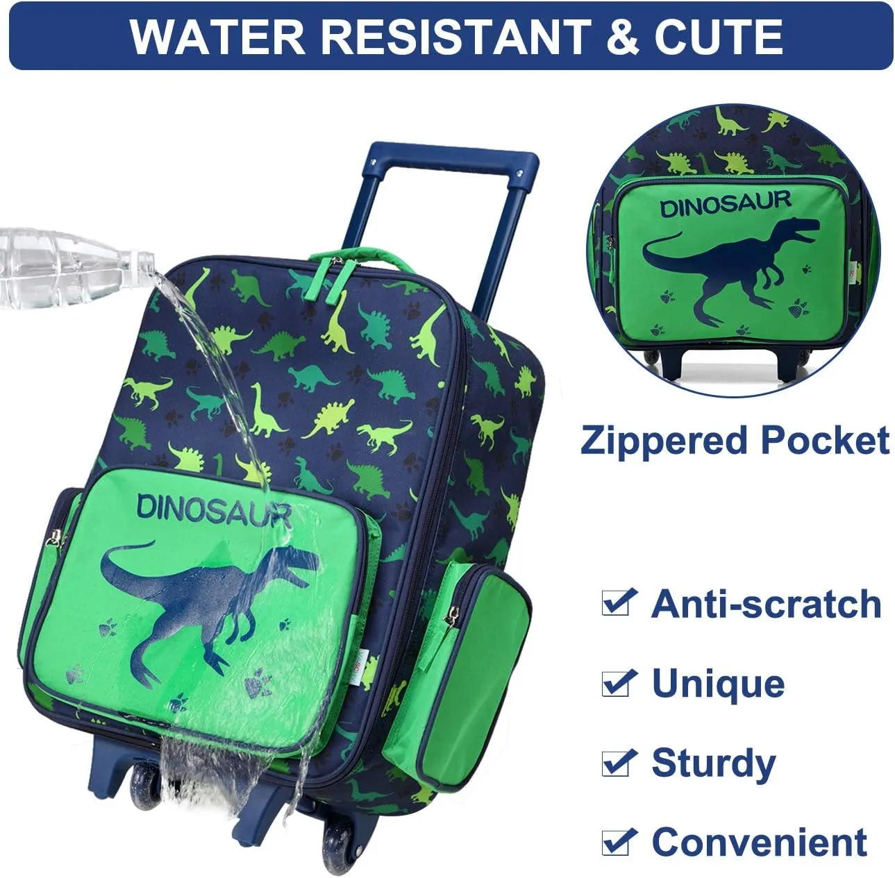 VASCHY Rolling Luggage for Kids, Cute Travel Carry on Suitcase for Boys Toddlers/Children with Wheels 18inch Dinosaur