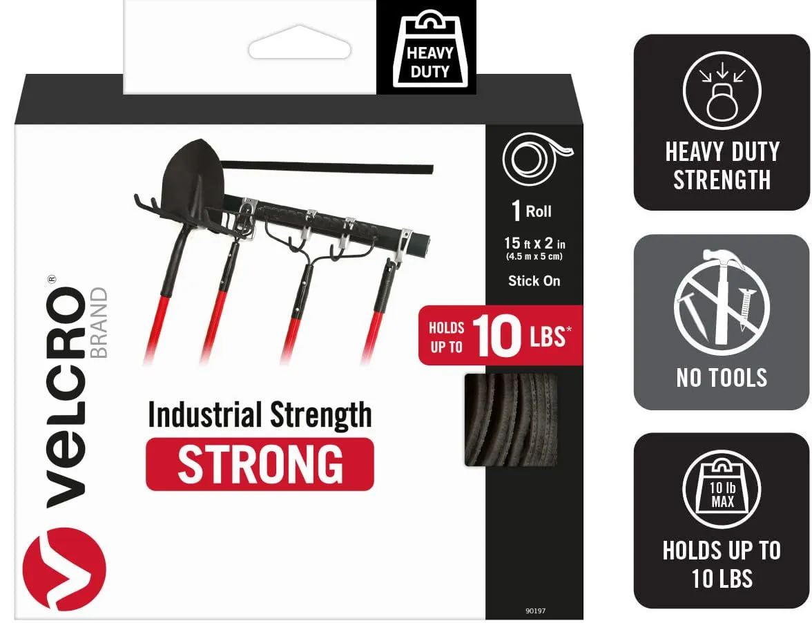 VELCRO Brand Heavy Duty Tape with Adhesive | 15 Ft x 2 In | Holds 10 lbs, Black | Industrial Strength Roll, Cut Strips to Length | Strong Hold for Indoor or Outdoor Use, 15ft x 2in