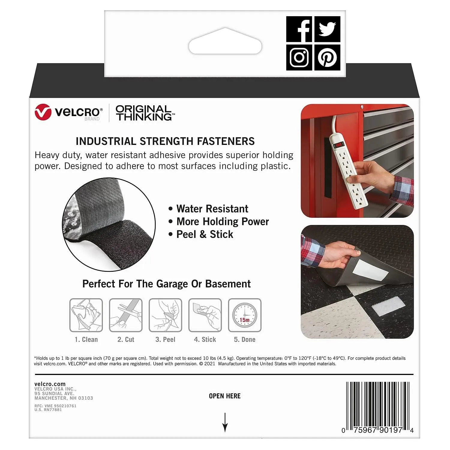 VELCRO Brand Heavy Duty Tape with Adhesive | 15 Ft x 2 In | Holds 10 lbs, Black | Industrial Strength Roll, Cut Strips to Length | Strong Hold for Indoor or Outdoor Use, 15ft x 2in