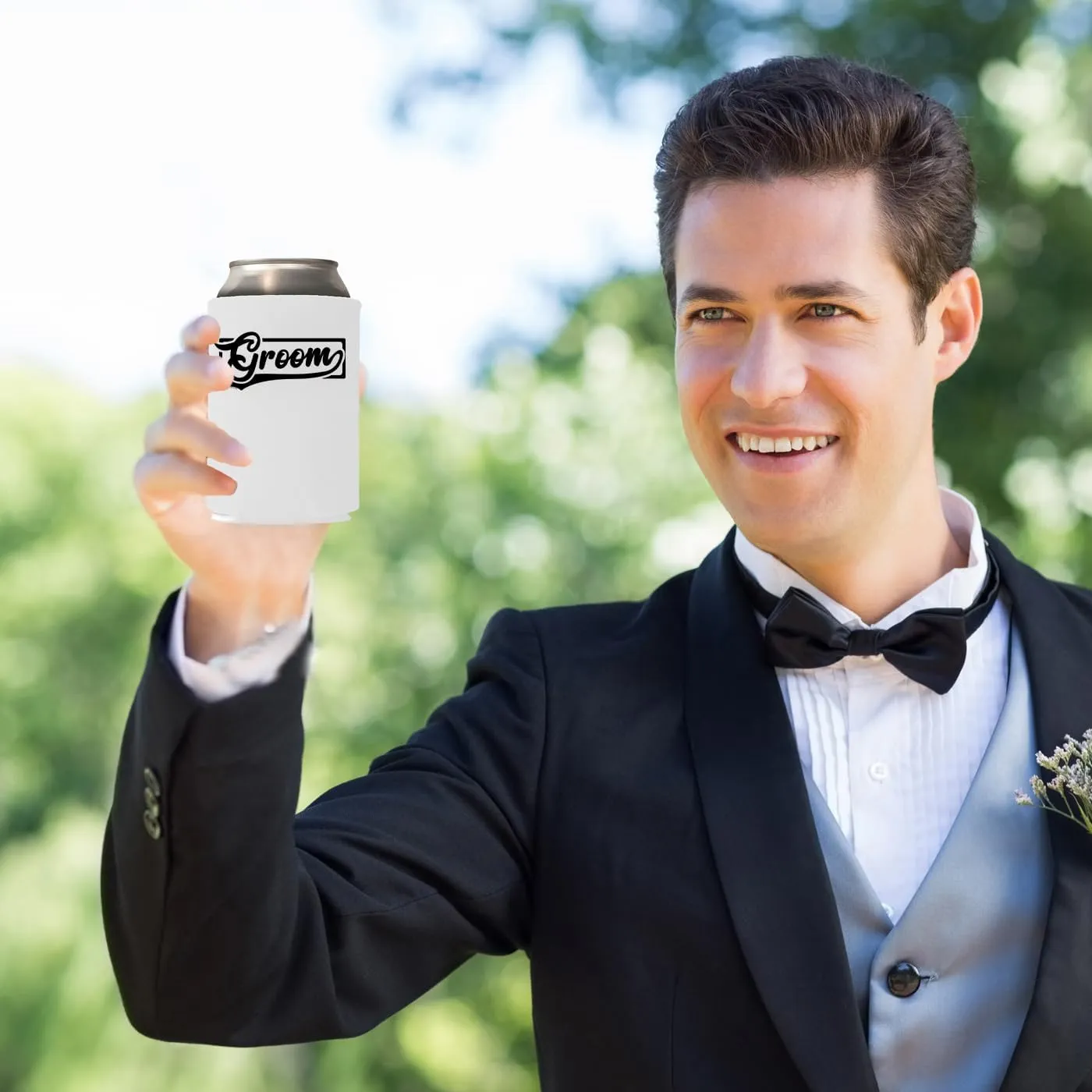 Veracco Groom's Drinking Team Can Coolie Holder Bachelor Party Wedding Favors Gift For Groomsmen Proposal (12, Wht Groom, Blk DT)