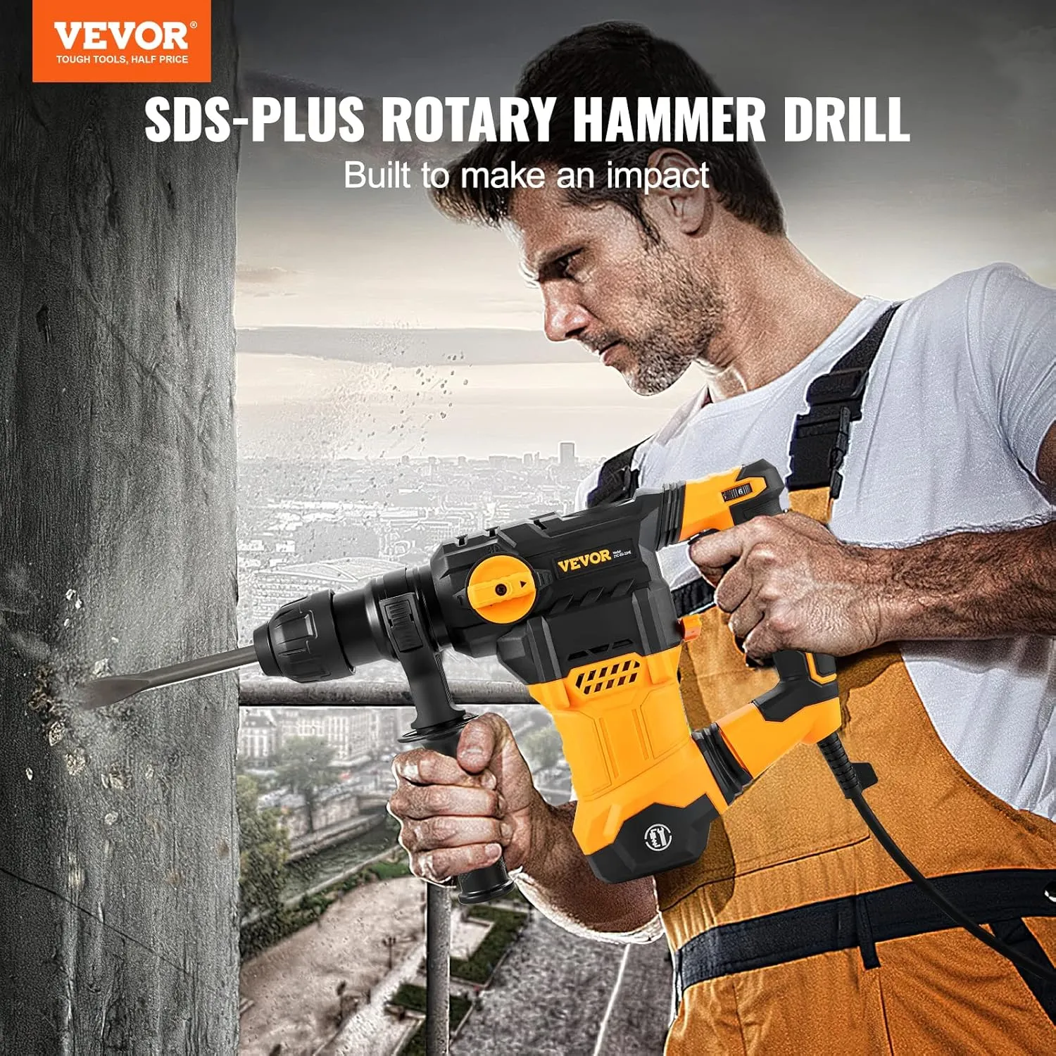 VEVOR 1-1/4 Inch SDS-Plus Rotary Hammer Drill, 13 Amp Corded Drills, Heavy Duty Chipping Hammers w/Vibration Control & Safety Clutch, Electric Demolition Hammers Variable Speed, Power Tool For Concret