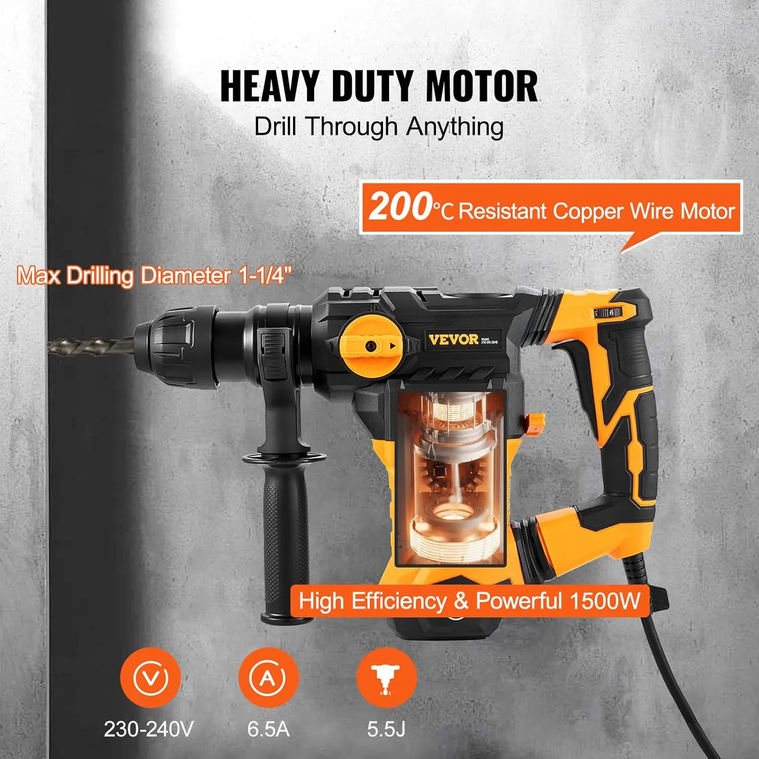 VEVOR 1-1/4 Inch SDS-Plus Rotary Hammer Drill, 13 Amp Corded Drills, Heavy Duty Chipping Hammers w/Vibration Control & Safety Clutch, Electric Demolition Hammers Variable Speed, Power Tool For Concret