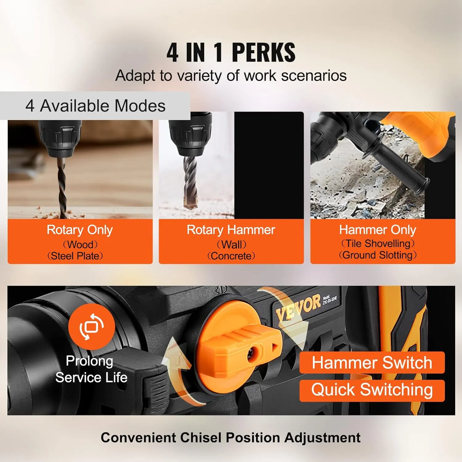 VEVOR 1-1/4 Inch SDS-Plus Rotary Hammer Drill, 13 Amp Corded Drills, Heavy Duty Chipping Hammers w/Vibration Control & Safety Clutch, Electric Demolition Hammers Variable Speed, Power Tool For Concret
