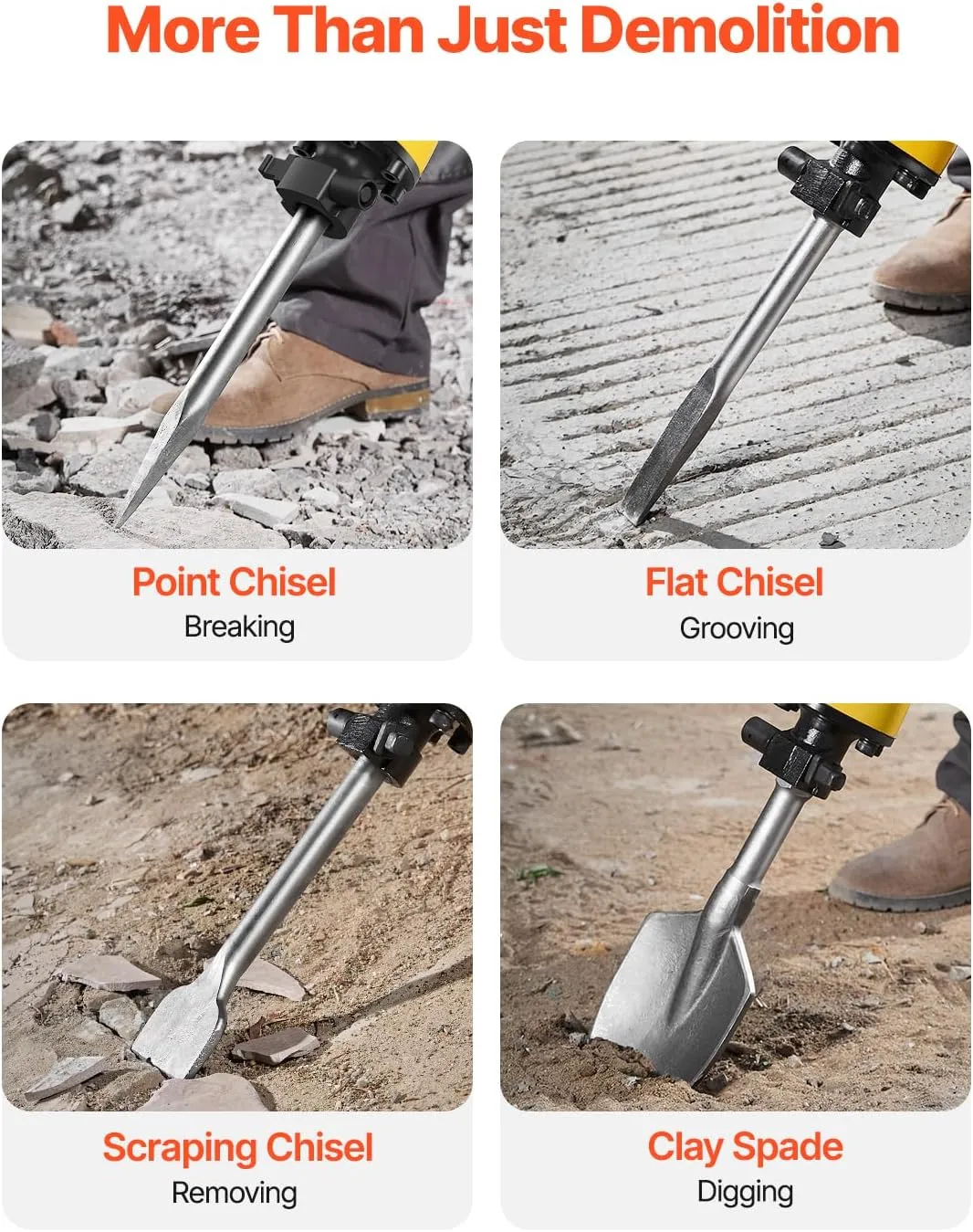 VEVOR Demolition Jack Hammer, 2200W 1350 BPM Jack Hammer Concrete Breaker, Heavy Duty Electric Jack Hammer 4pcs Chisels Bit with Gloves, 360° Swiveling Front Handle for Trenching and Breaking Holes