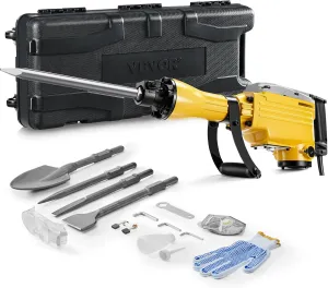 VEVOR Demolition Jack Hammer, 2200W 1350 BPM Jack Hammer Concrete Breaker, Heavy Duty Electric Jack Hammer 4pcs Chisels Bit with Gloves, 360° Swiveling Front Handle for Trenching and Breaking Holes