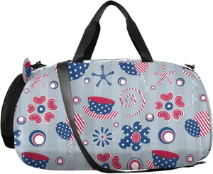 VIGTRO 4th Of July Hats Roses Hearts Kids Overnight Travel Duffel Bag Sport Gym Bag for Boys Girls with Shoe Compartment, Independence Day Carry On Weekender Luggage Bag for Dance Swim Yoga