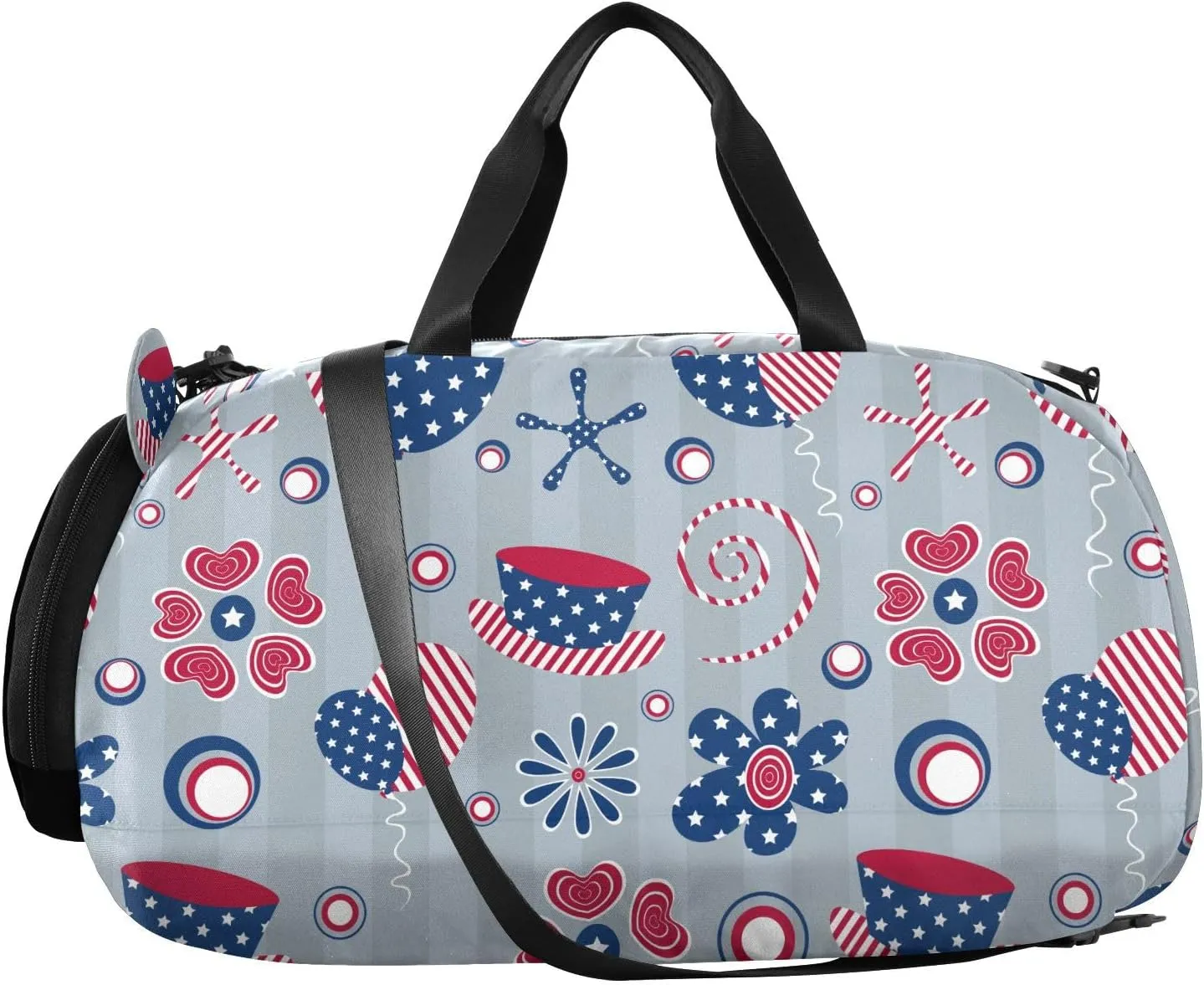 VIGTRO 4th Of July Hats Roses Hearts Kids Overnight Travel Duffel Bag Sport Gym Bag for Boys Girls with Shoe Compartment, Independence Day Carry On Weekender Luggage Bag for Dance Swim Yoga