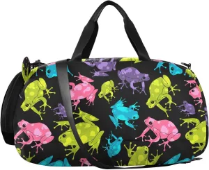 VIGTRO Colorful Cute Frog Pattern Kids Overnight Travel Duffel Bag Sport Gym Bag for Boys Girls with Shoe Compartment, Carry On Weekender Luggage Bag for Dance Swim Yoga