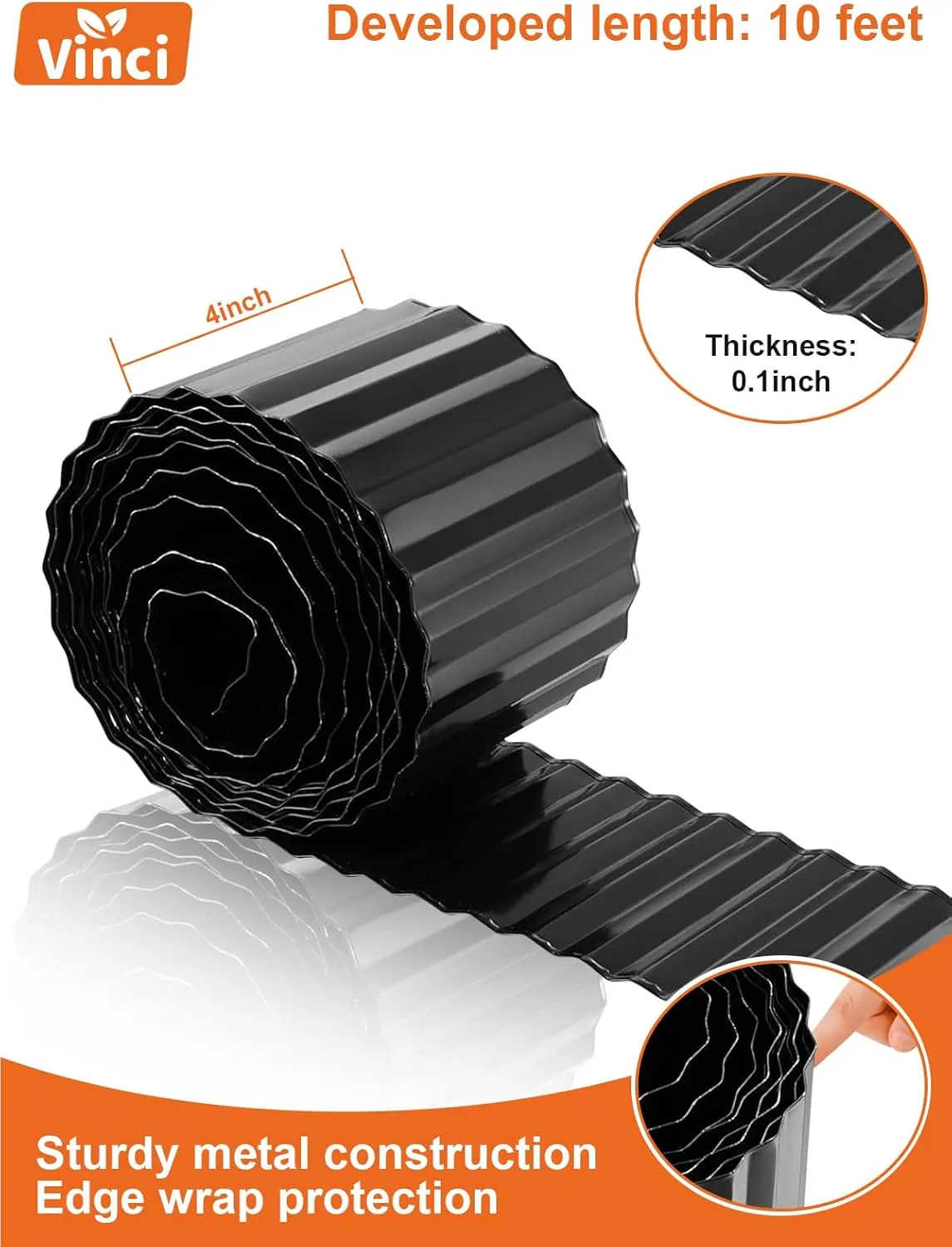 Vinci Garden Landscape Edging Border, 4 Inch x 10 FT Corrugated Sturdy Metal Easy Installation Safe Hemmed Lawn Garden Border Edges for DIY Flower Beds, Pathways and Patio Design (Black)