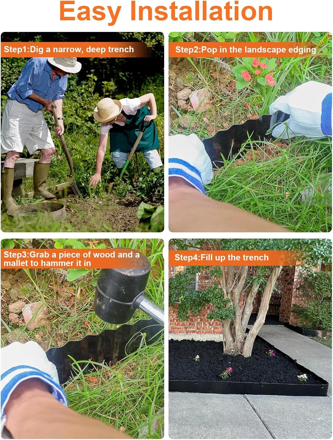 Vinci Garden Landscape Edging Border, 4 Inch x 10 FT Corrugated Sturdy Metal Easy Installation Safe Hemmed Lawn Garden Border Edges for DIY Flower Beds, Pathways and Patio Design (Black)