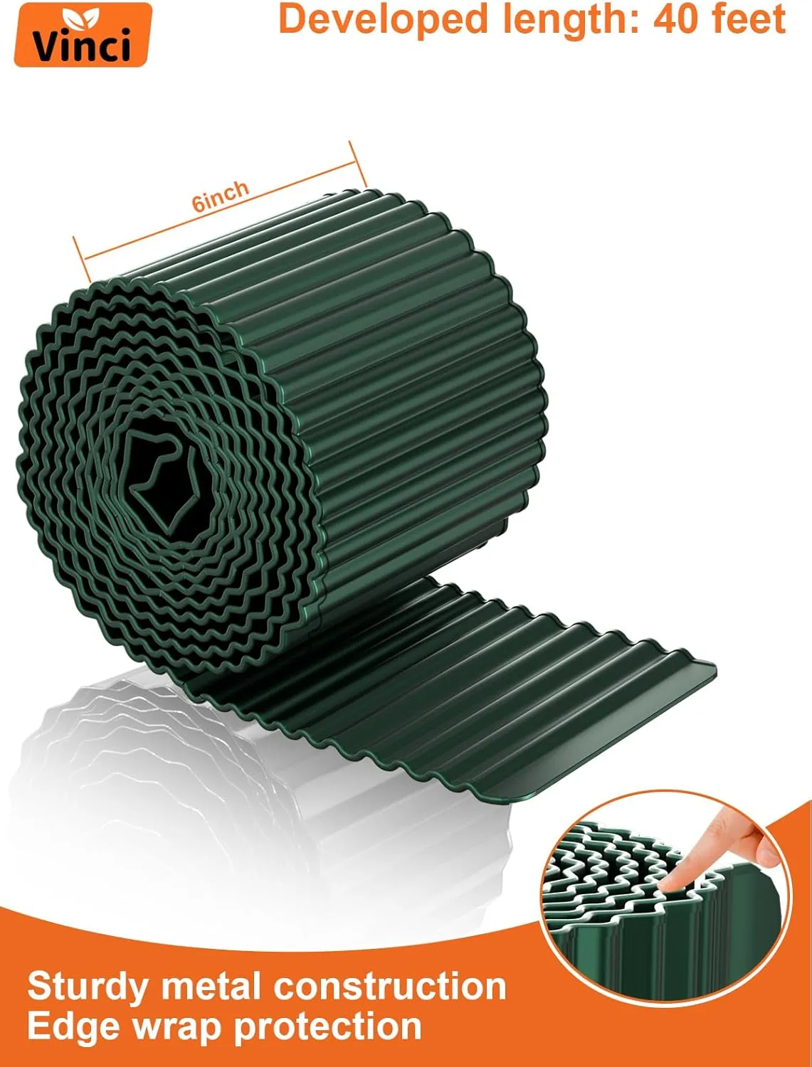 Vinci Garden Landscape Edging Border, 6 Inch x 40 FT Corrugated Sturdy Metal Easy Installation Safe Hemmed Lawn Garden Border Edges for DIY Flower Beds, Pathways and Patio Design (Green)