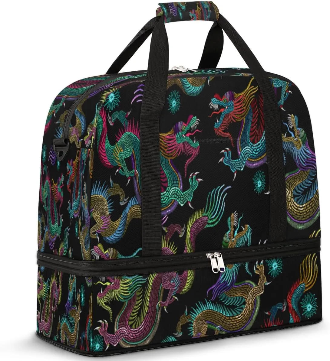 Vintage Embroidery Dragon And Phoenix Travel Duffle Bag, Large Sports Gym Bag with Shoe Compartment, Carry on Tote Bag, Foldable Weekender Overnight Bag for Women Men