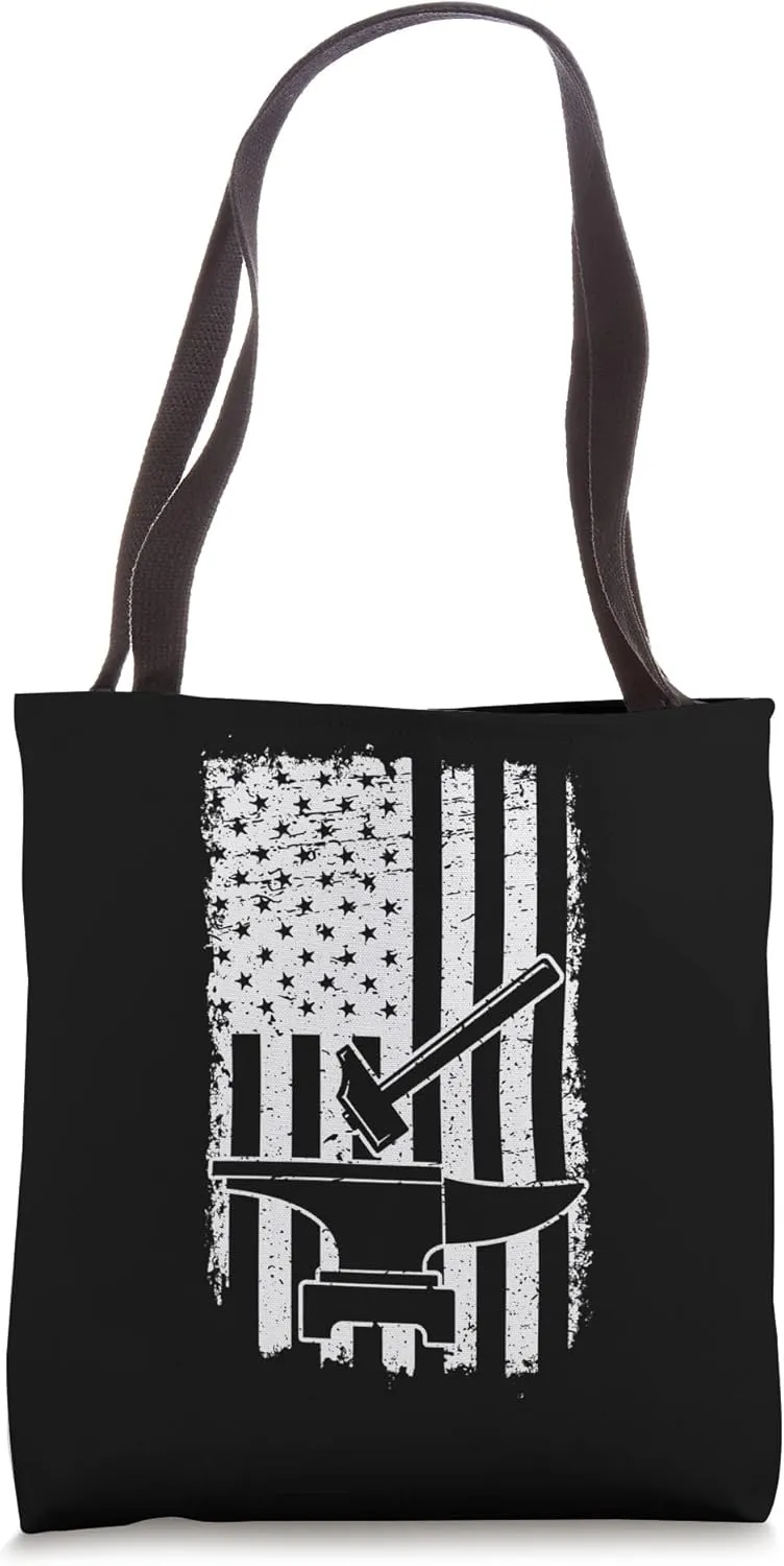 Vintage US Flag Patriotic American Blacksmith Hammer Anvil Tote Bag