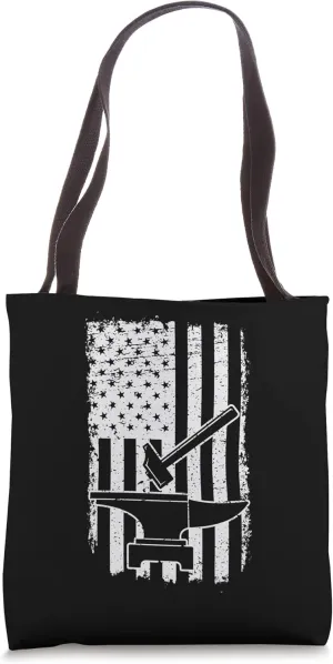 Vintage US Flag Patriotic American Blacksmith Hammer Anvil Tote Bag