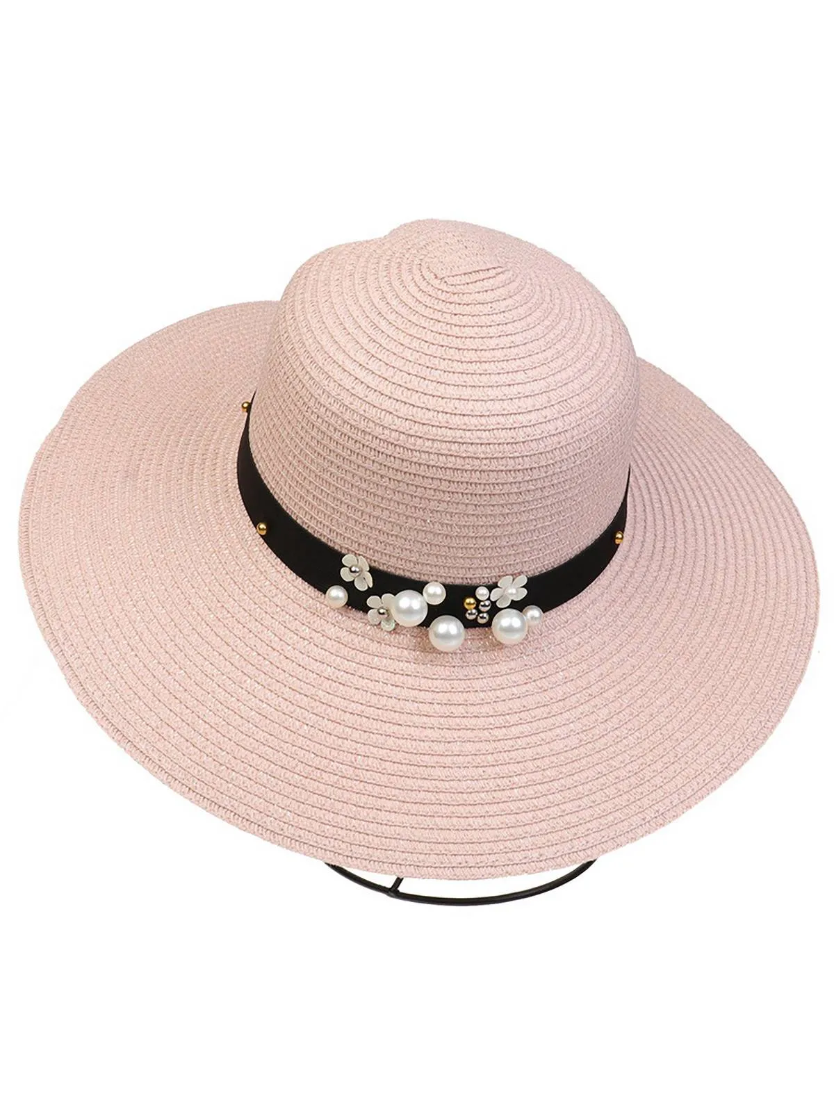 Vintage Wide Brim Foldable Sun Hat With Pearl