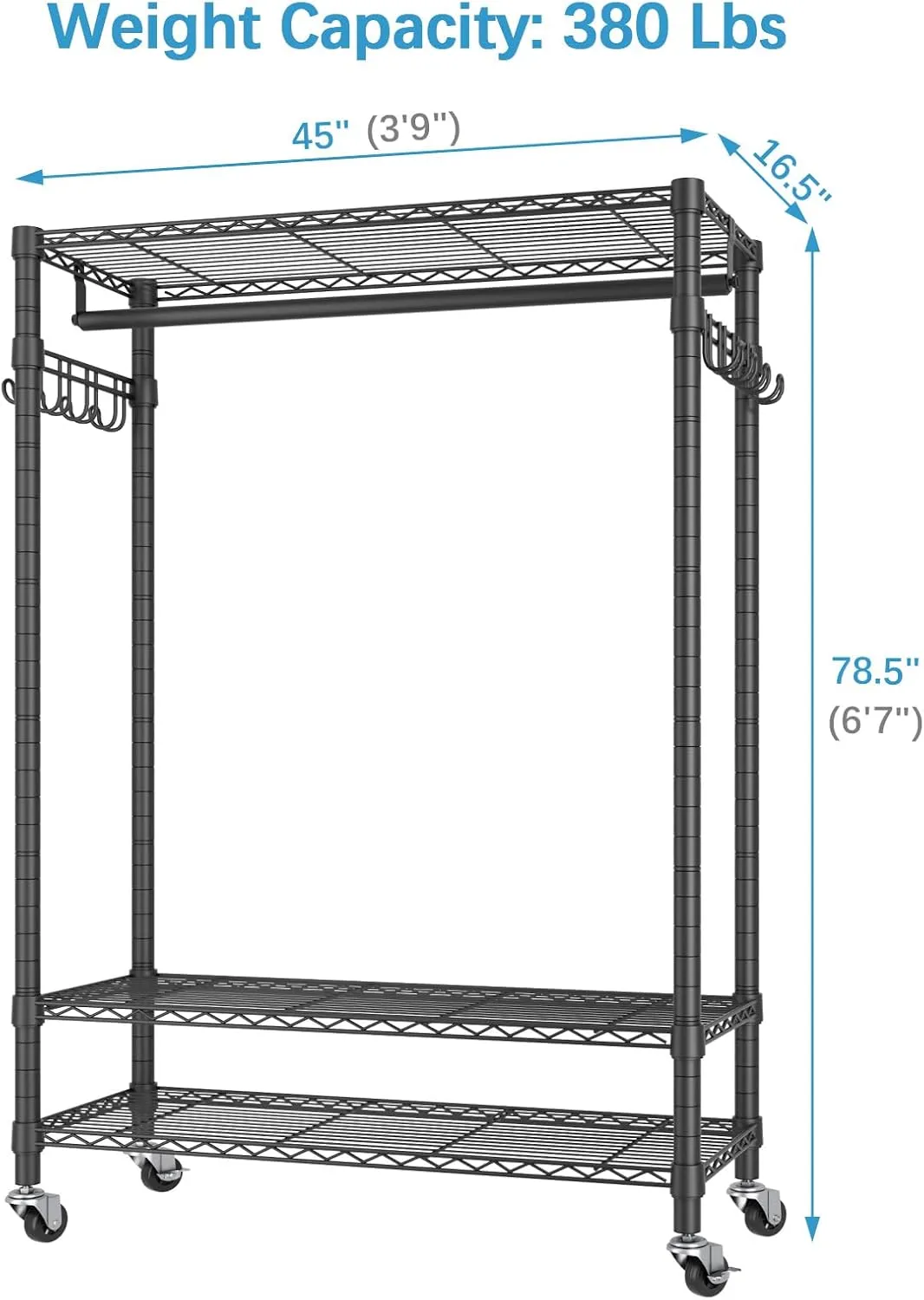 VIPEK R1 Plus Rolling Clothes Rack with Locking Wheels, Portable Closet for Hanging Clothes Heavy Duty Garment Rack with Adjustable Shelves and Side Hooks, Standing Metal Wardrobe, Black