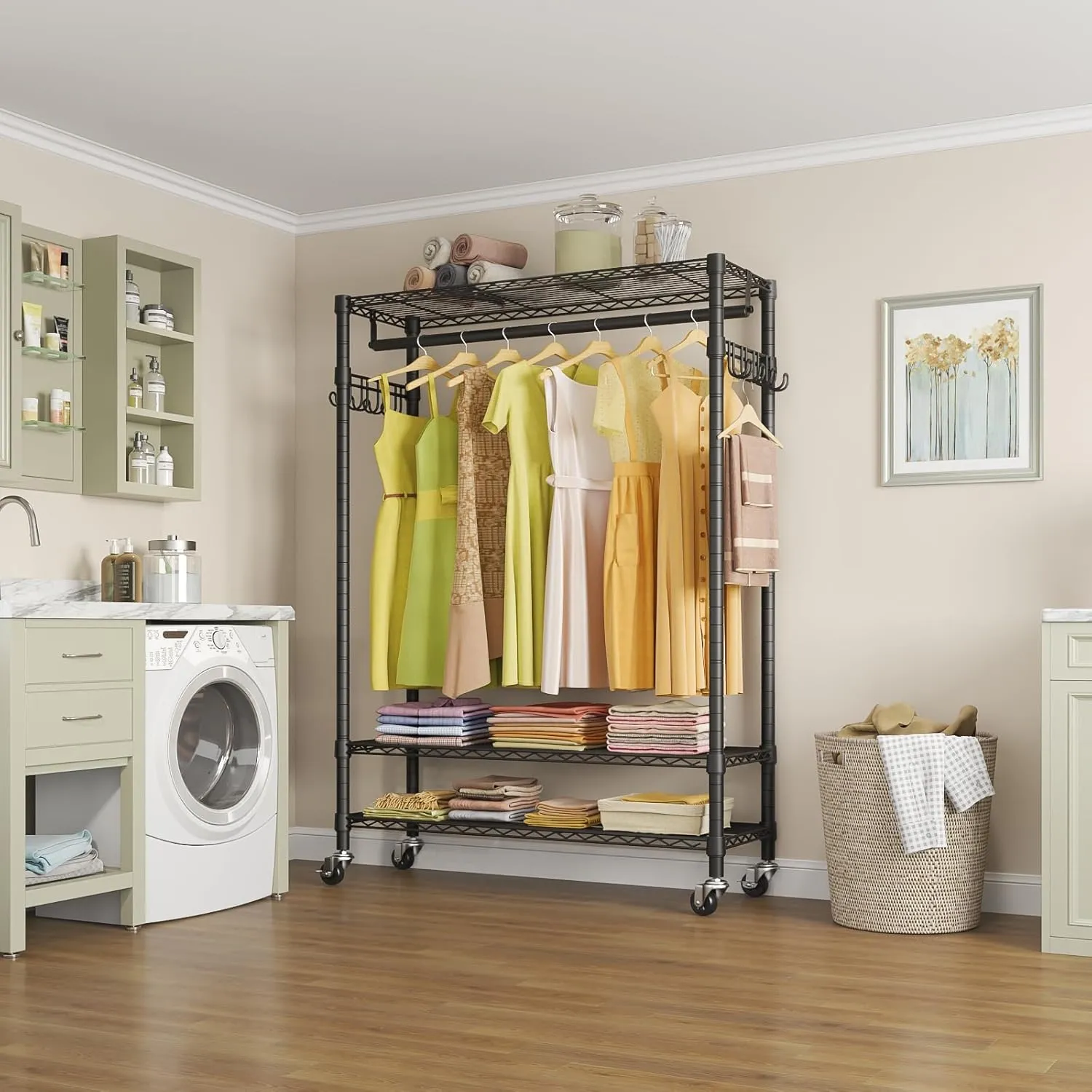 VIPEK R1 Plus Rolling Clothes Rack with Locking Wheels, Portable Closet for Hanging Clothes Heavy Duty Garment Rack with Adjustable Shelves and Side Hooks, Standing Metal Wardrobe, Black