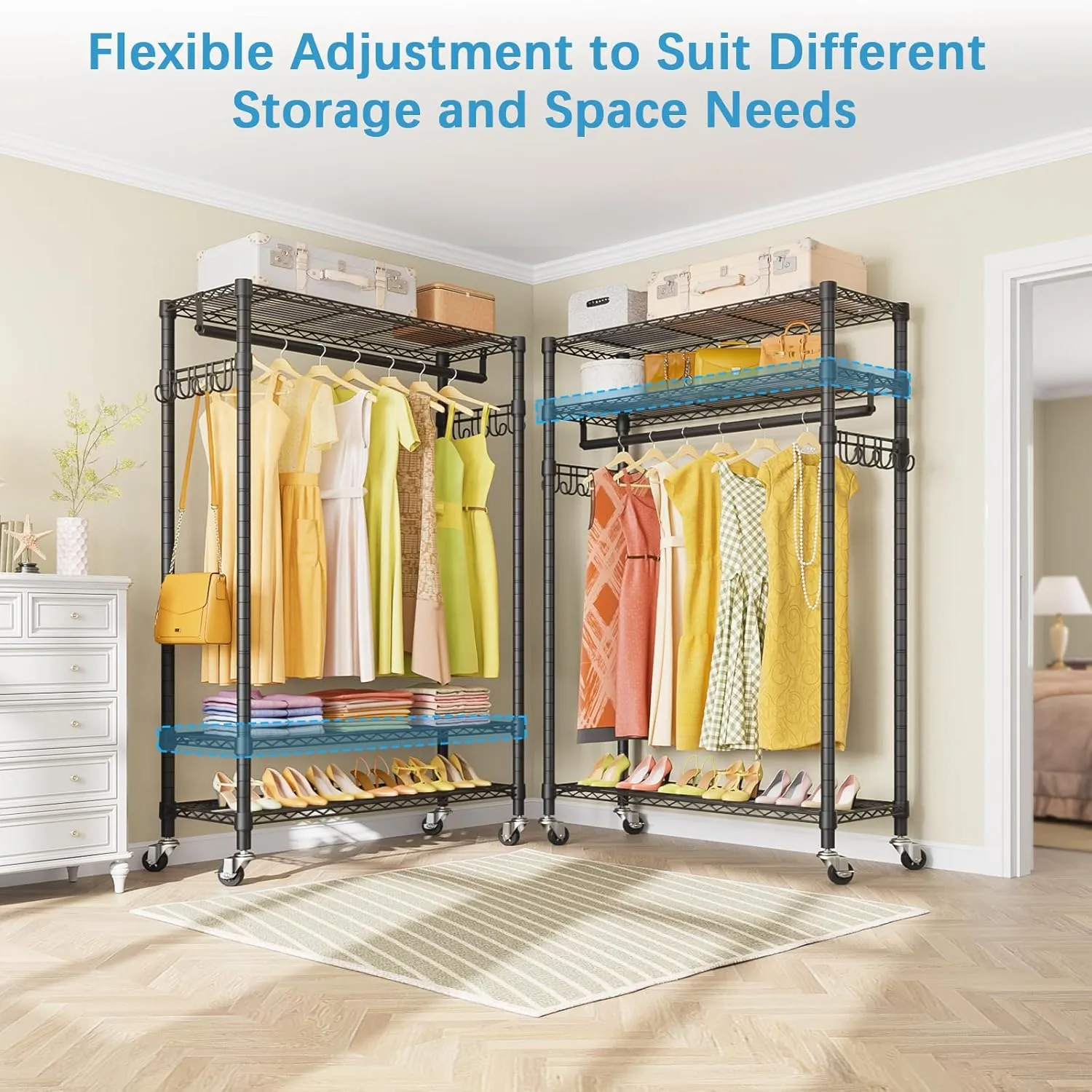 VIPEK R1 Plus Rolling Clothes Rack with Locking Wheels, Portable Closet for Hanging Clothes Heavy Duty Garment Rack with Adjustable Shelves and Side Hooks, Standing Metal Wardrobe, Black