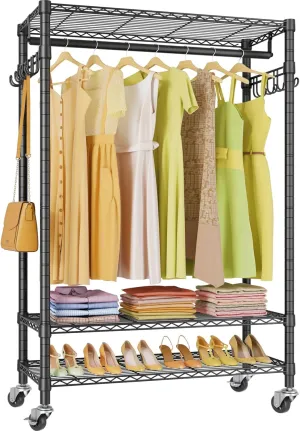 VIPEK R1 Plus Rolling Clothes Rack with Locking Wheels, Portable Closet for Hanging Clothes Heavy Duty Garment Rack with Adjustable Shelves and Side Hooks, Standing Metal Wardrobe, Black