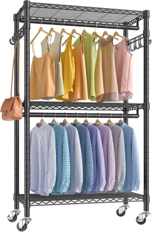 VIPEK R2 Medium Rolling Clothes Rack Heavy Duty Clothing Rack for Hanging Clothes Adjustable Metal Wire Shelving Portable Closet with Wheels Side Hooks, Freestanding Closet Wardrobe, Black