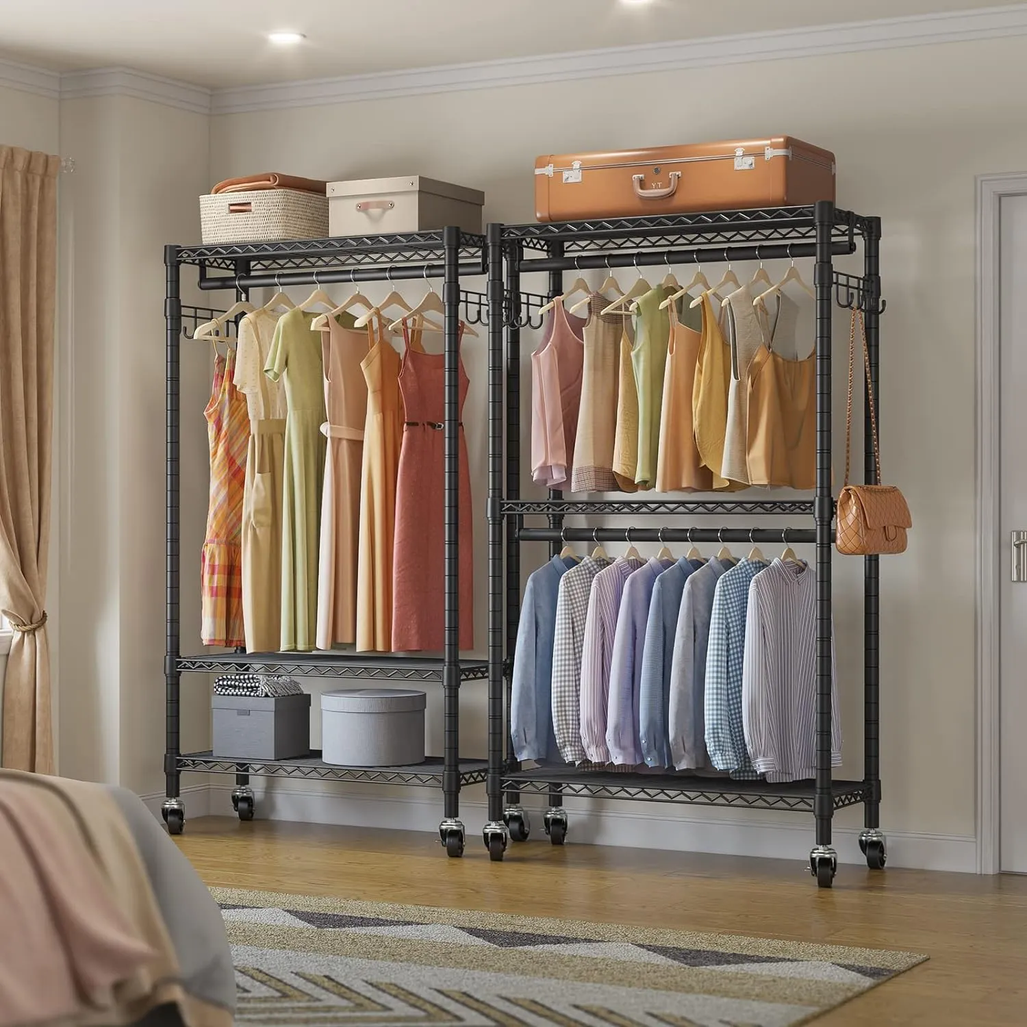VIPEK R2 Medium Rolling Clothes Rack Heavy Duty Clothing Rack for Hanging Clothes Adjustable Metal Wire Shelving Portable Closet with Wheels Side Hooks, Freestanding Closet Wardrobe, Black