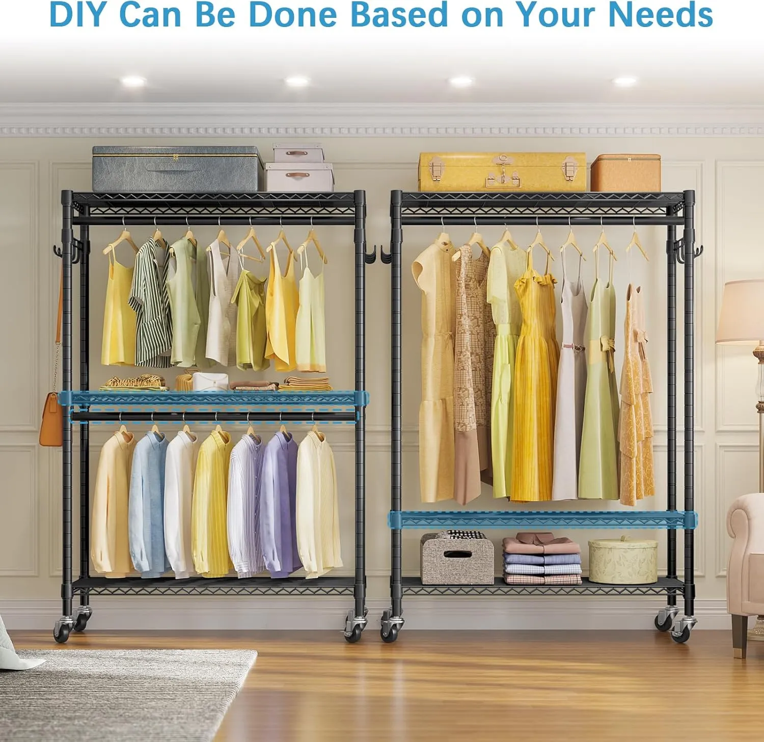 VIPEK R2 Plus Heavy Duty Rolling Garment Rack 3 Tiers Adjustable Wire Shelving Clothes Rack with Double Rods and Side Hooks, Freestanding Wardrobe Storage Rack Metal Clothing Rack, Black