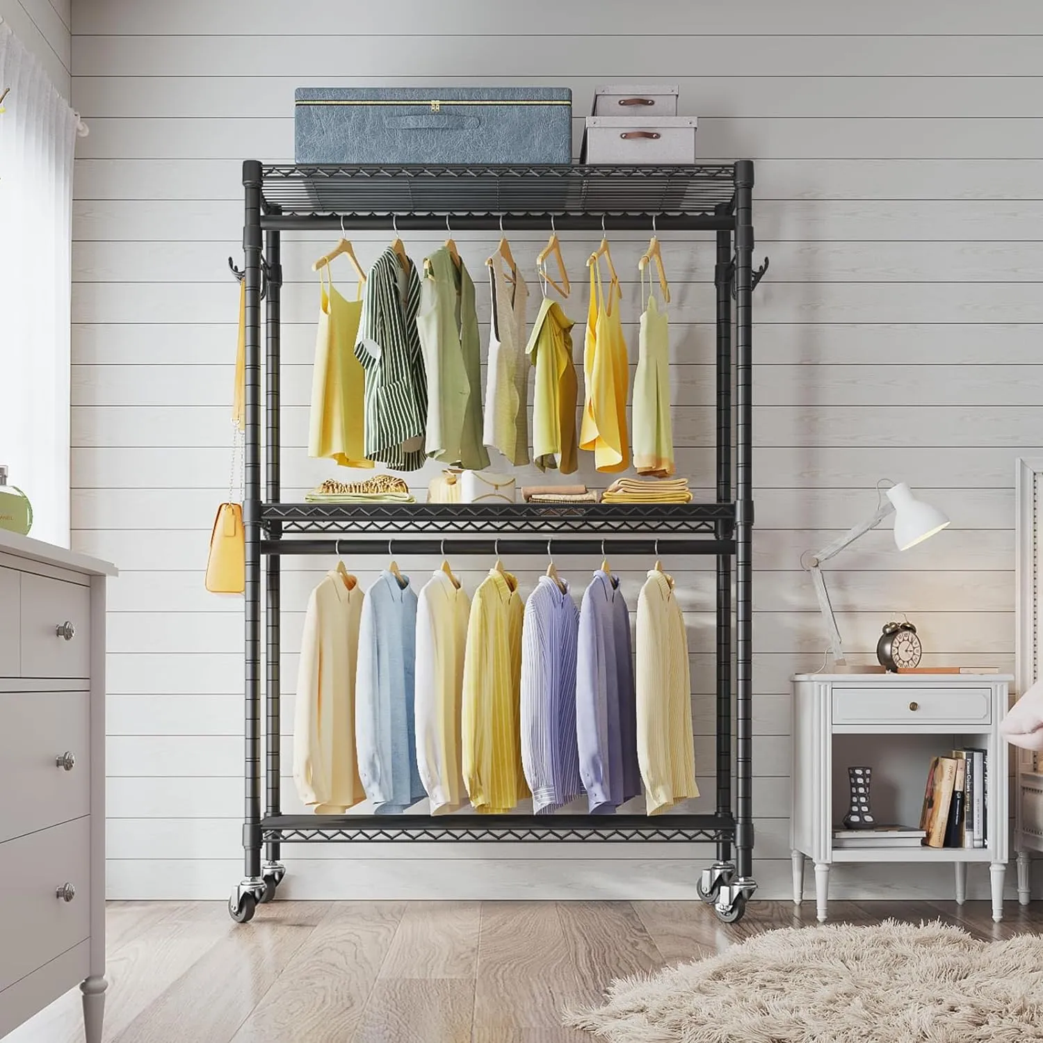VIPEK R2 Plus Heavy Duty Rolling Garment Rack 3 Tiers Adjustable Wire Shelving Clothes Rack with Double Rods and Side Hooks, Freestanding Wardrobe Storage Rack Metal Clothing Rack, Black