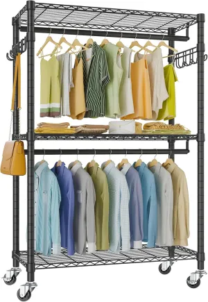 VIPEK R2 Plus Heavy Duty Rolling Garment Rack 3 Tiers Adjustable Wire Shelving Clothes Rack with Double Rods and Side Hooks, Freestanding Wardrobe Storage Rack Metal Clothing Rack, Black