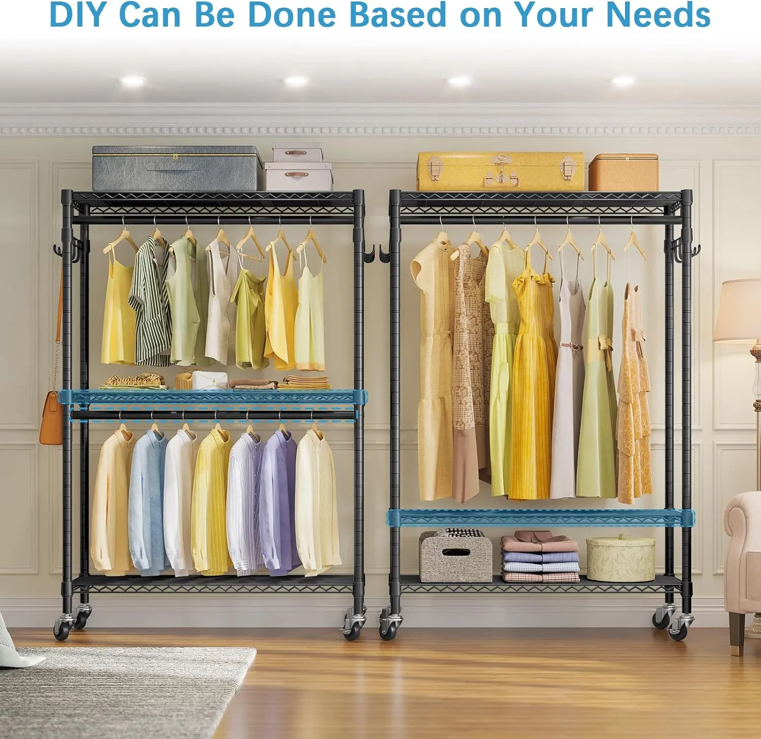 VIPEK R2 Plus Heavy Duty Rolling Garment Rack 3 Tiers Adjustable Wire Shelving Clothes Rack with Double Rods and Side Hooks, Freestanding Wardrobe Storage Rack Metal Clothing Rack, Black