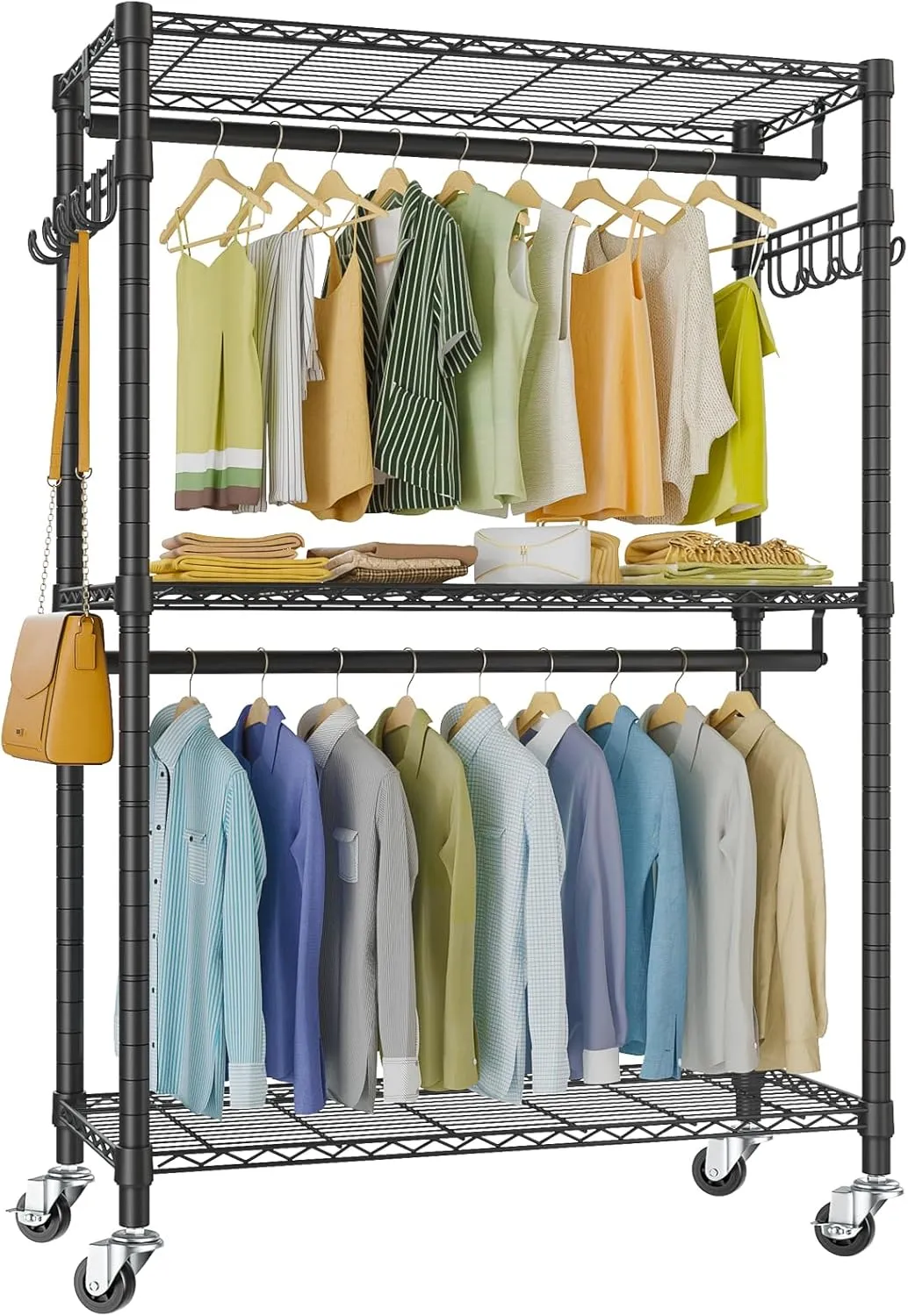 VIPEK R2 Plus Heavy Duty Rolling Garment Rack 3 Tiers Adjustable Wire Shelving Clothes Rack with Double Rods and Side Hooks, Freestanding Wardrobe Storage Rack Metal Clothing Rack, Black
