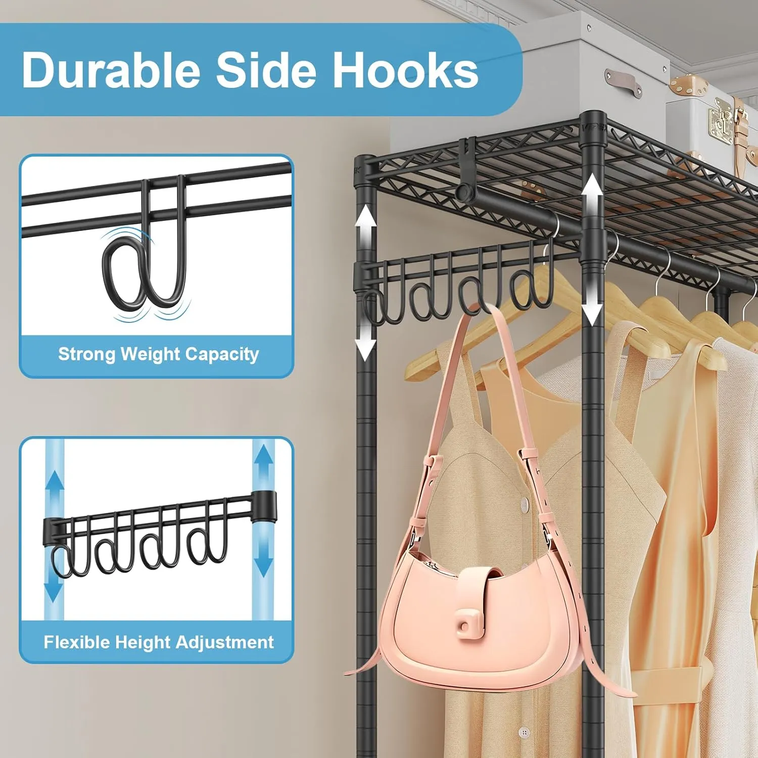 VIPEK R2 Plus Heavy Duty Rolling Garment Rack 3 Tiers Adjustable Wire Shelving Clothes Rack with Double Rods and Side Hooks, Freestanding Wardrobe Storage Rack Metal Clothing Rack, Black