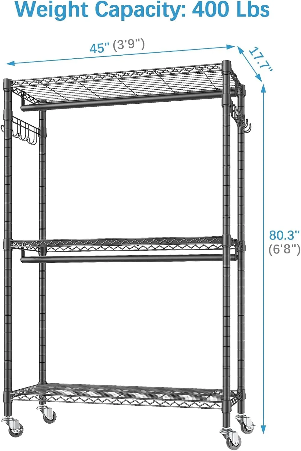 VIPEK R2 Plus Heavy Duty Rolling Garment Rack 3 Tiers Adjustable Wire Shelving Clothes Rack with Double Rods and Side Hooks, Freestanding Wardrobe Storage Rack Metal Clothing Rack, Black