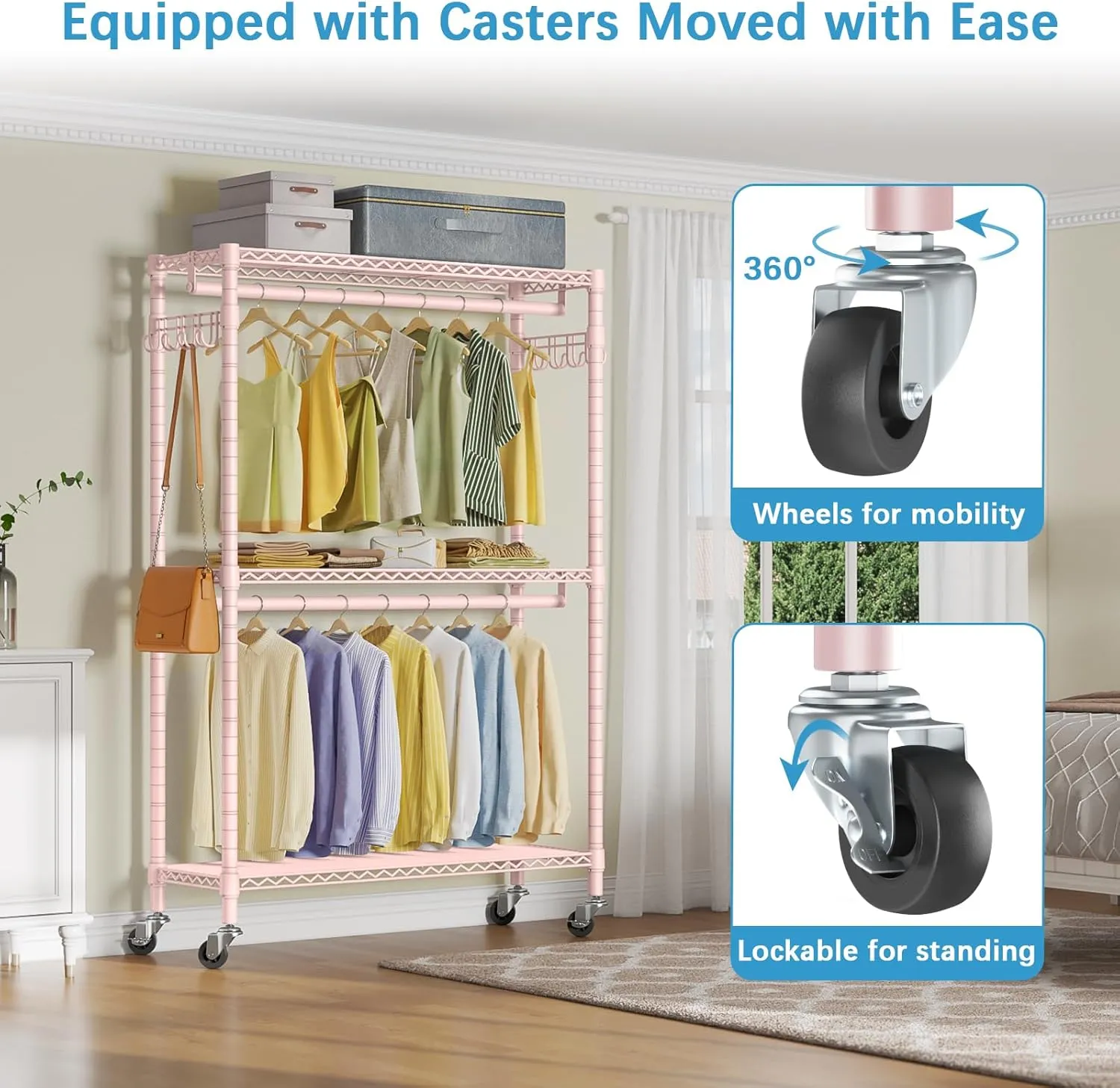 VIPEK R2 Plus Rolling Garment Rack Heavy Duty Clothes Rack, Metal Clothing Rack with Double Rods Adjustable Shelves, Freestanding Wardrobe Closet with Side Hooks for Storage and Organization, Pink