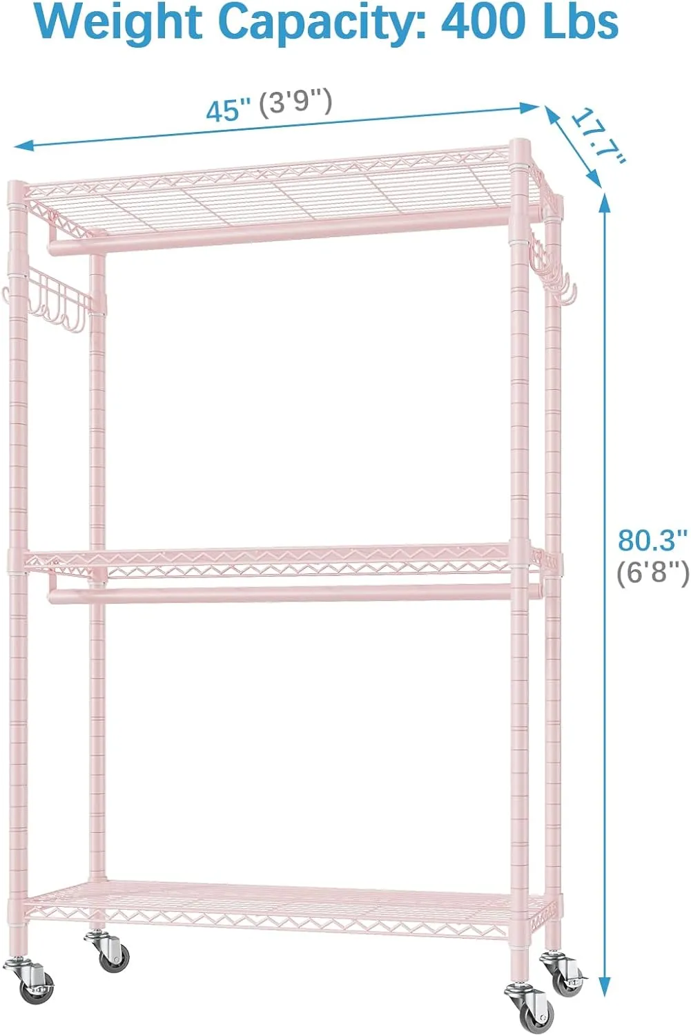 VIPEK R2 Plus Rolling Garment Rack Heavy Duty Clothes Rack, Metal Clothing Rack with Double Rods Adjustable Shelves, Freestanding Wardrobe Closet with Side Hooks for Storage and Organization, Pink