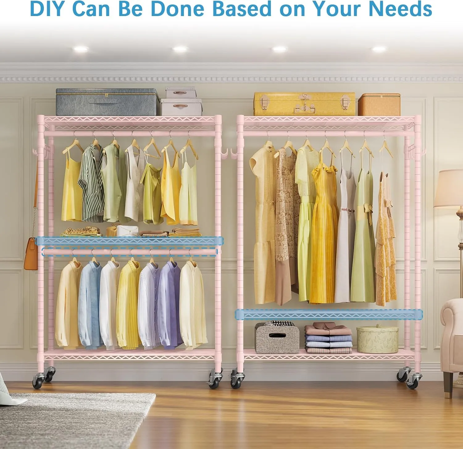 VIPEK R2 Plus Rolling Garment Rack Heavy Duty Clothes Rack, Metal Clothing Rack with Double Rods Adjustable Shelves, Freestanding Wardrobe Closet with Side Hooks for Storage and Organization, Pink