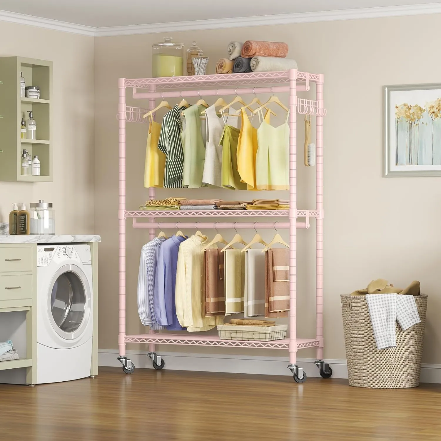 VIPEK R2 Plus Rolling Garment Rack Heavy Duty Clothes Rack, Metal Clothing Rack with Double Rods Adjustable Shelves, Freestanding Wardrobe Closet with Side Hooks for Storage and Organization, Pink