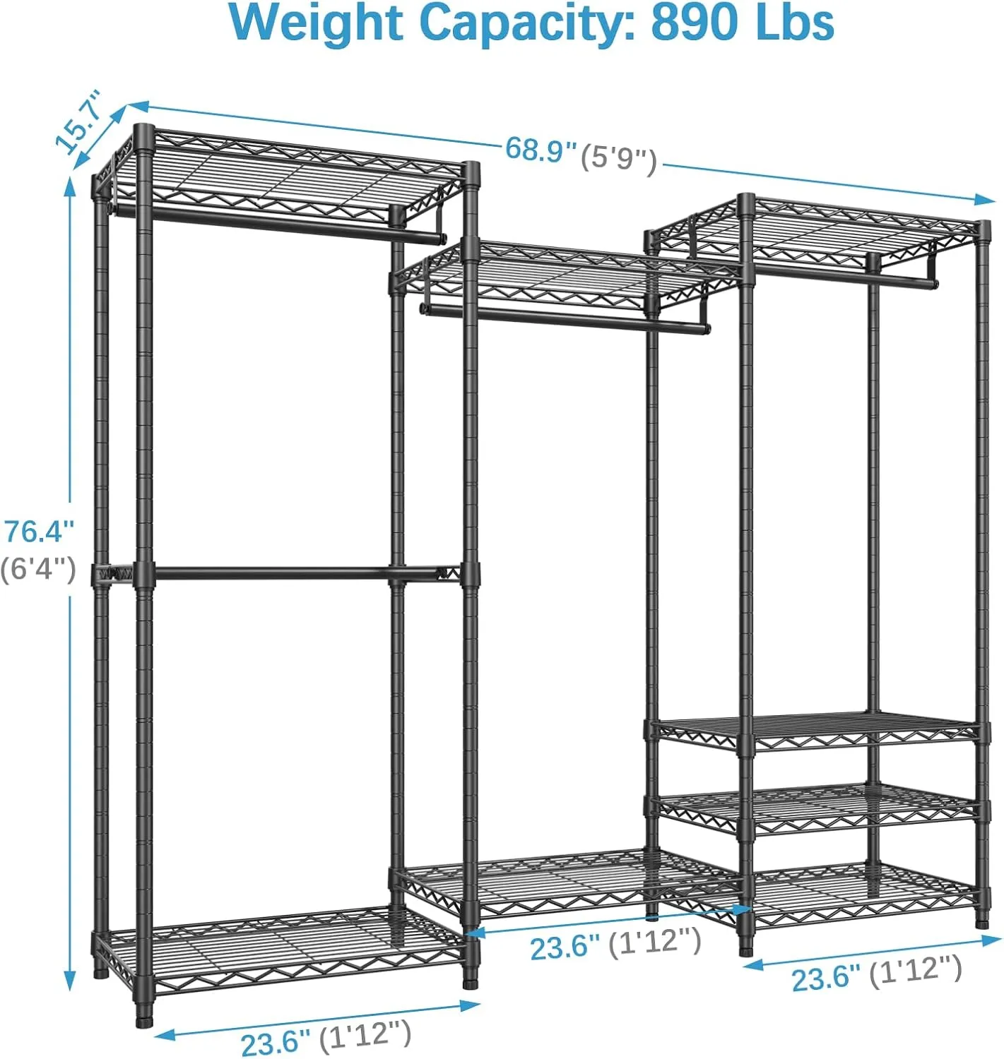VIPEK V5 Portable Closet Wardrobe Heavy Duty Clothes Rack, Freestanding Clothing Rack with 4 Hang Rods & 8 Shelves, Adjustable Closet Racks, 68.9" L x 15.7" W x 76.4" H, Max Load 890LBS, Black