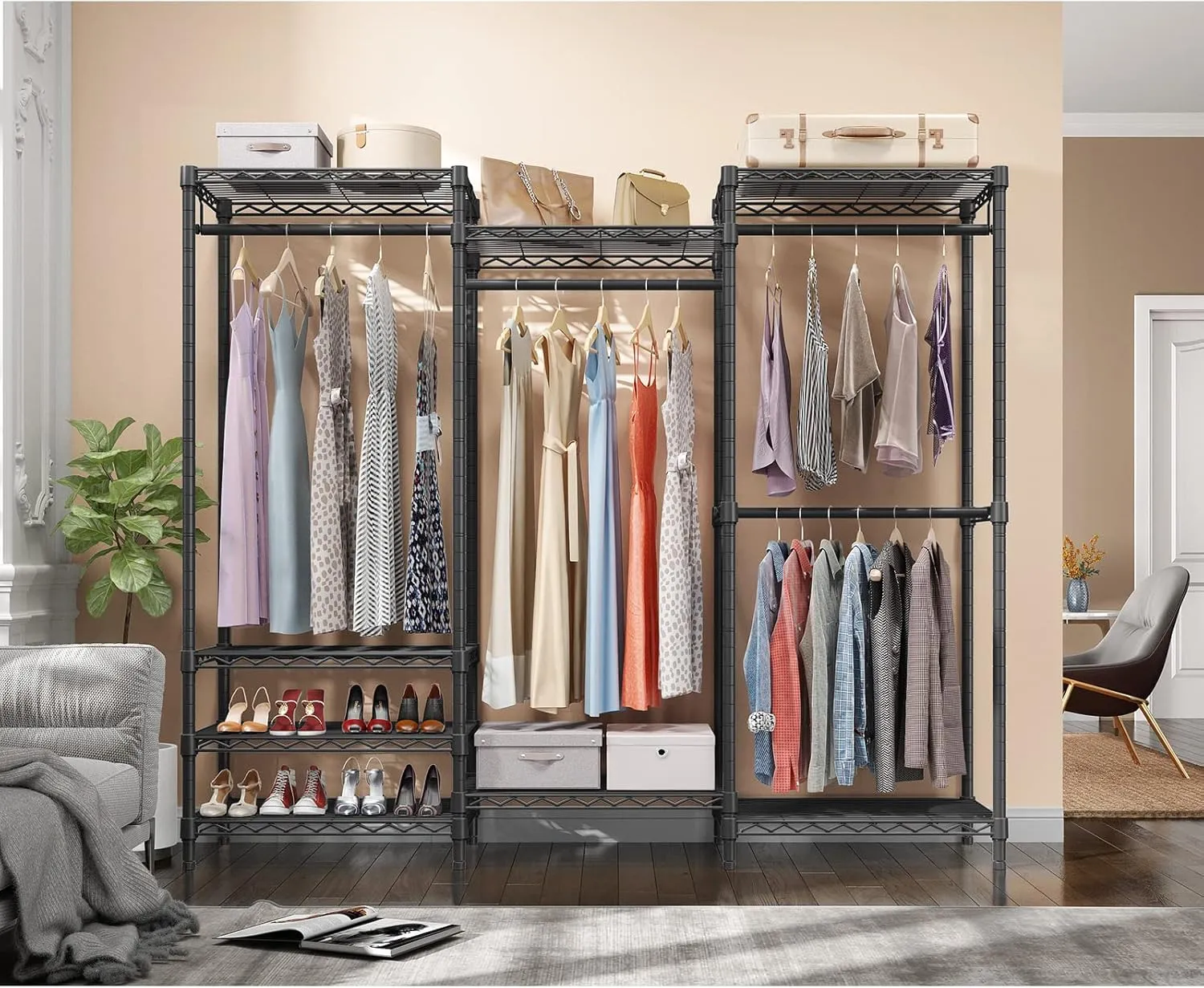 VIPEK V5 Portable Closet Wardrobe Heavy Duty Clothes Rack, Freestanding Clothing Rack with 4 Hang Rods & 8 Shelves, Adjustable Closet Racks, 68.9" L x 15.7" W x 76.4" H, Max Load 890LBS, Black