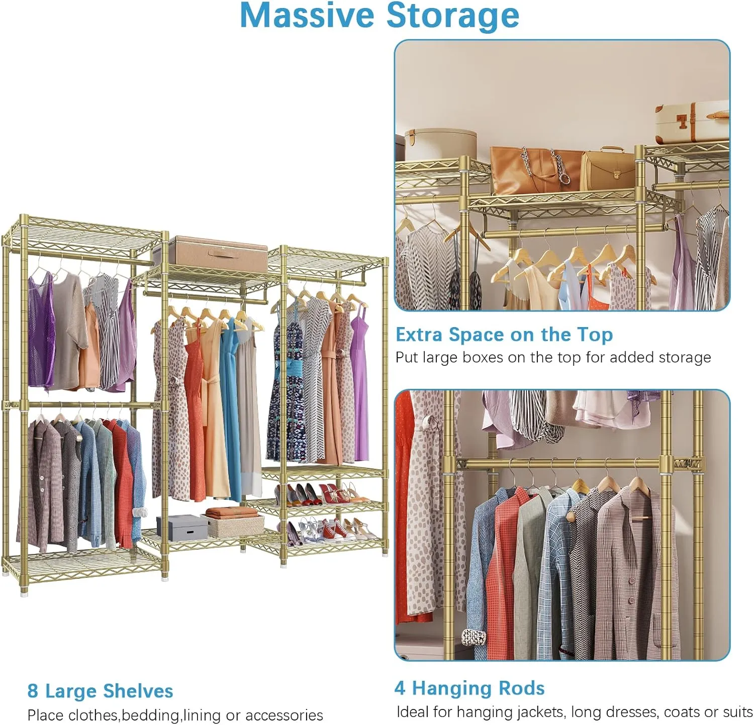 VIPEK V5 Portable Closet Wardrobe Heavy Duty Clothes Rack, Freestanding Metal Clothing Rack Custom Closet Rack with 8 Adjustable Shelves, 68.9" L x 15.7" W x 76.4" H, Max Load 890LBS, Gold