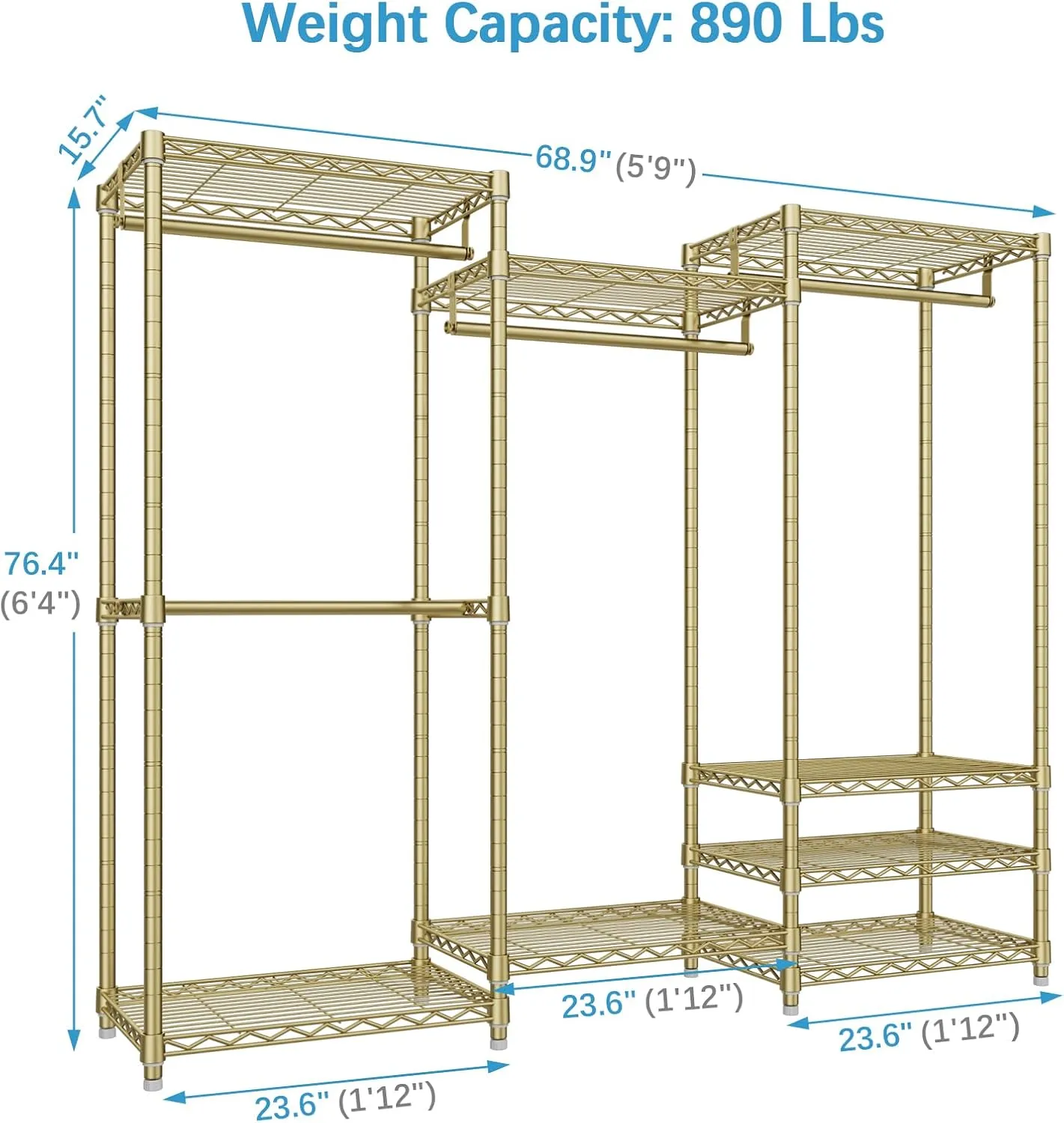 VIPEK V5 Portable Closet Wardrobe Heavy Duty Clothes Rack, Freestanding Metal Clothing Rack Custom Closet Rack with 8 Adjustable Shelves, 68.9" L x 15.7" W x 76.4" H, Max Load 890LBS, Gold