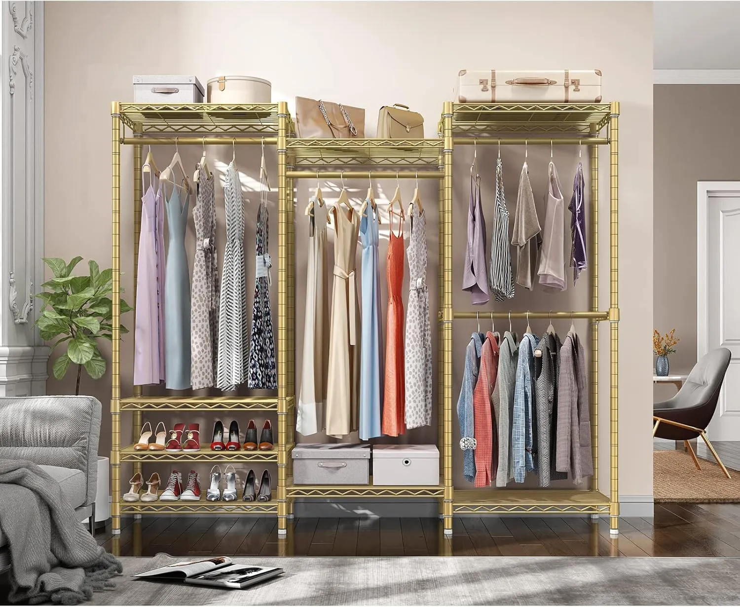 VIPEK V5 Portable Closet Wardrobe Heavy Duty Clothes Rack, Freestanding Metal Clothing Rack Custom Closet Rack with 8 Adjustable Shelves, 68.9" L x 15.7" W x 76.4" H, Max Load 890LBS, Gold