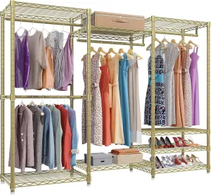 VIPEK V5 Portable Closet Wardrobe Heavy Duty Clothes Rack, Freestanding Metal Clothing Rack Custom Closet Rack with 8 Adjustable Shelves, 68.9" L x 15.7" W x 76.4" H, Max Load 890LBS, Gold