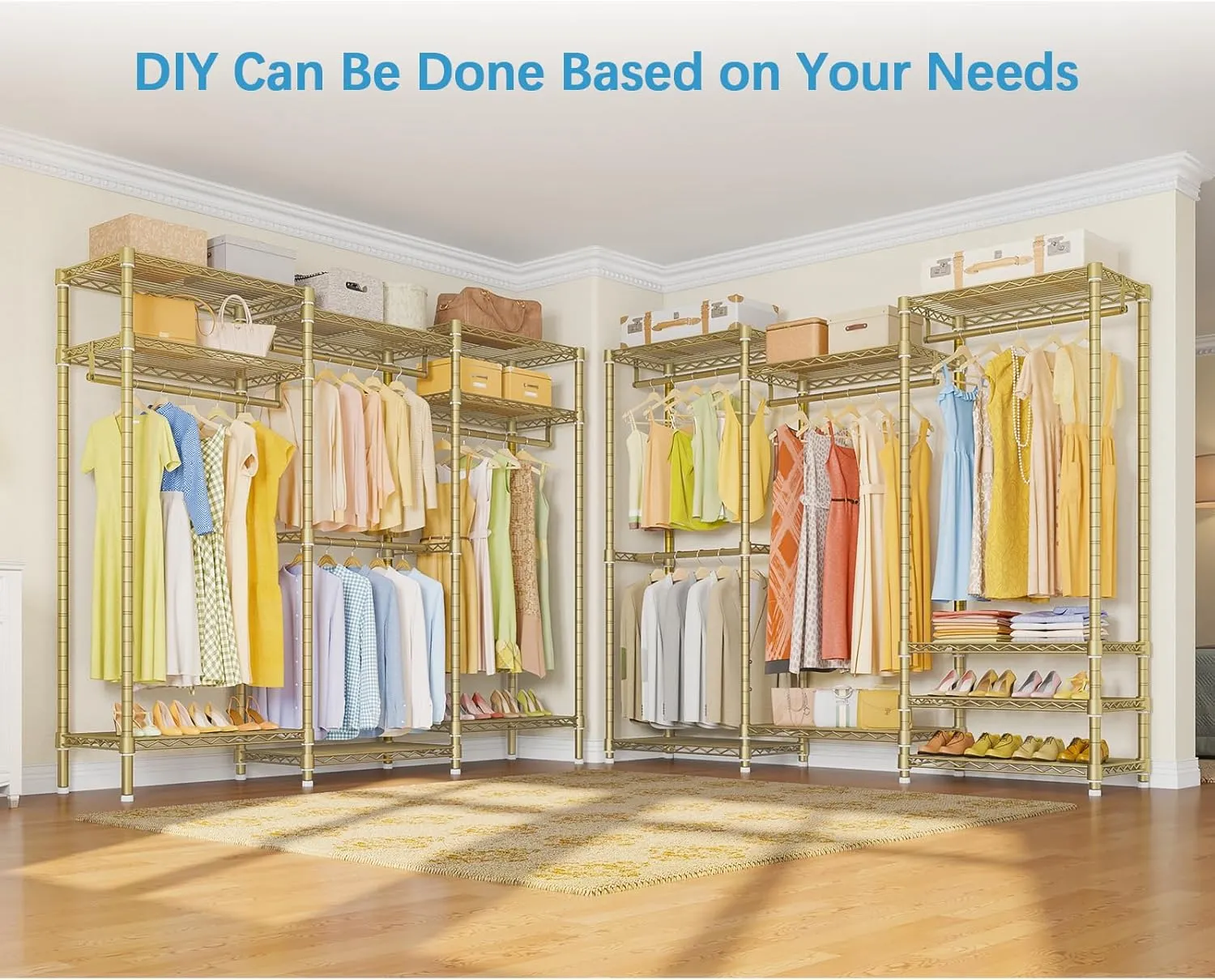 VIPEK V5 Portable Closet Wardrobe Heavy Duty Clothes Rack, Freestanding Metal Clothing Rack Custom Closet Rack with 8 Adjustable Shelves, 68.9" L x 15.7" W x 76.4" H, Max Load 890LBS, Gold