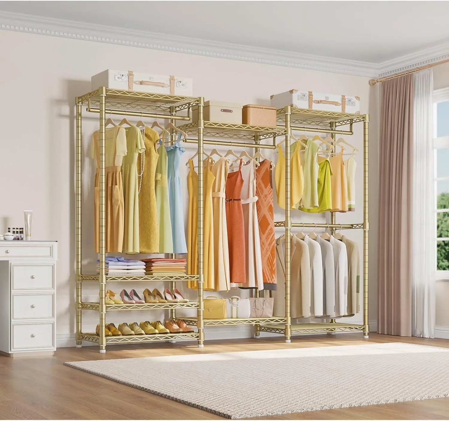 VIPEK V5 Portable Closet Wardrobe Heavy Duty Clothes Rack, Freestanding Metal Clothing Rack Custom Closet Rack with 8 Adjustable Shelves, 68.9" L x 15.7" W x 76.4" H, Max Load 890LBS, Gold