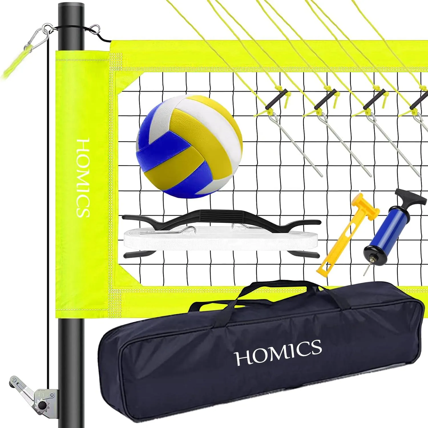 Volleyball Net Set with Winch System, Outdoor Volleyball Net for Backyard Professional Heavy Duty Volleyball Net Set Including Poles, Volleyball, Pump, Hammer, Boundary Line and Carrying Bag