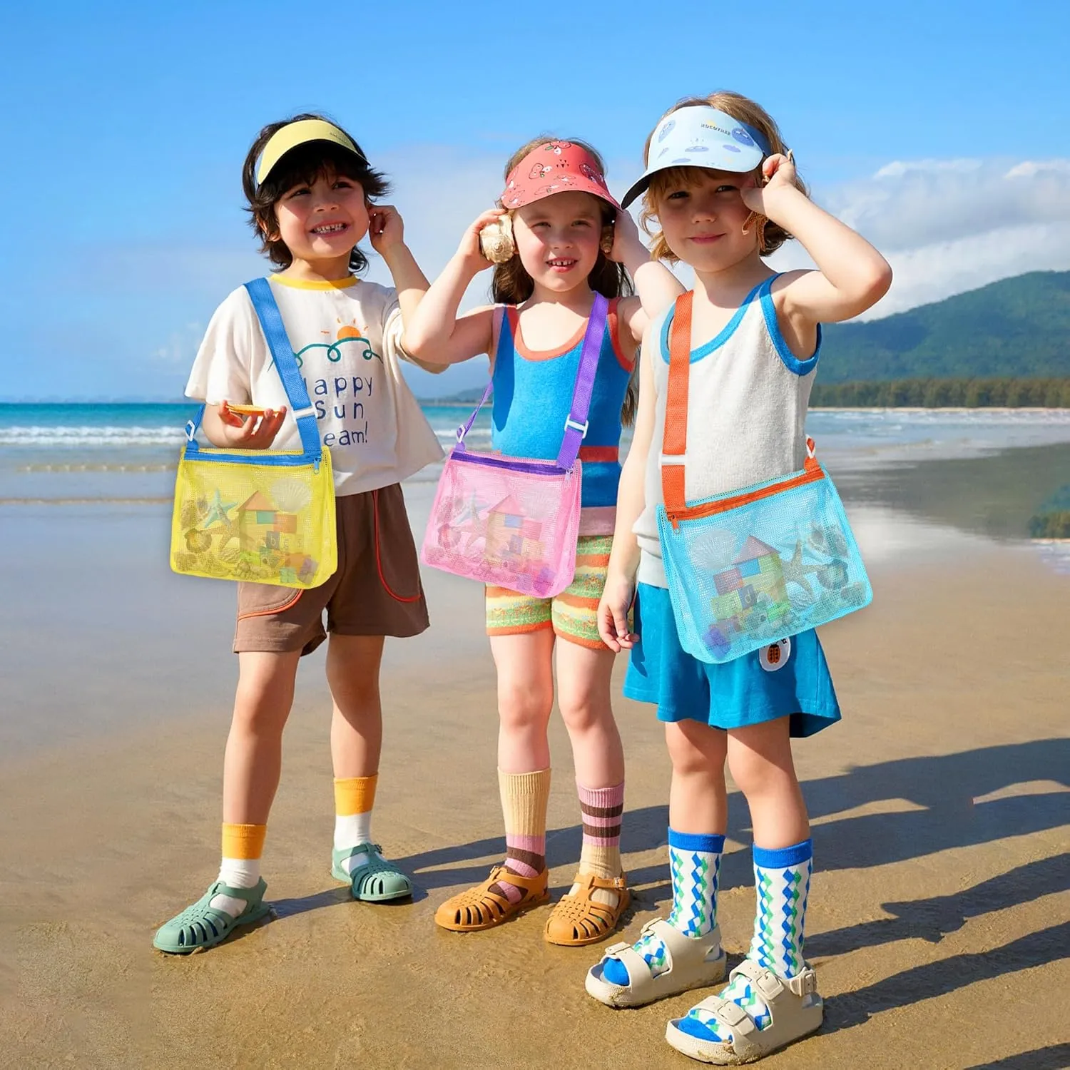 VOROLO 3PCS Mesh Beach Bag for Holding Toys,Sand Towels Tote for Kids Seashell Collecting,Shell Bags for Children Picnic,Swimming Accessories for Boys and Girls